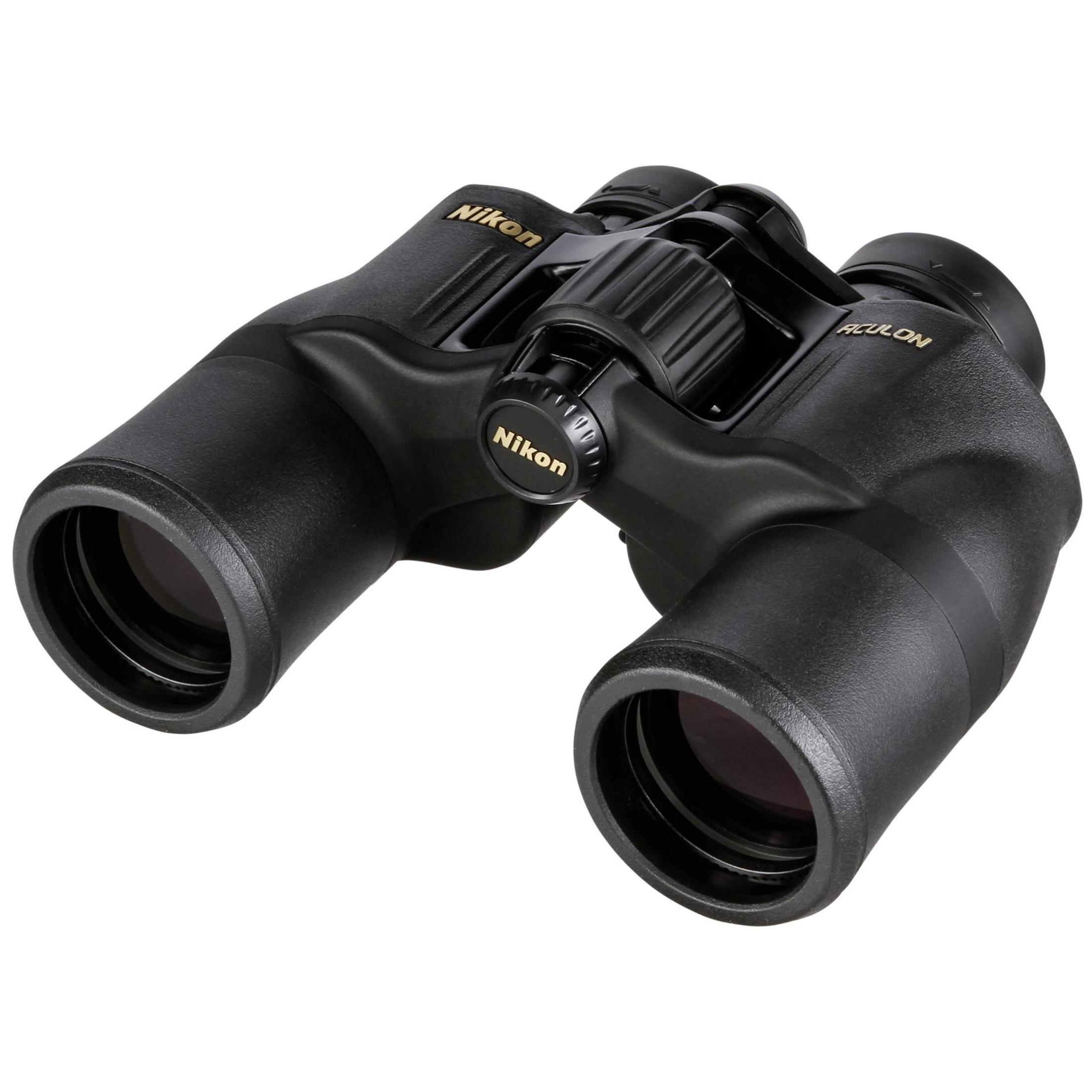Schwarze Nikon Ferngläser mit silbernem Fokusrad und "ACULON" Schriftzug.