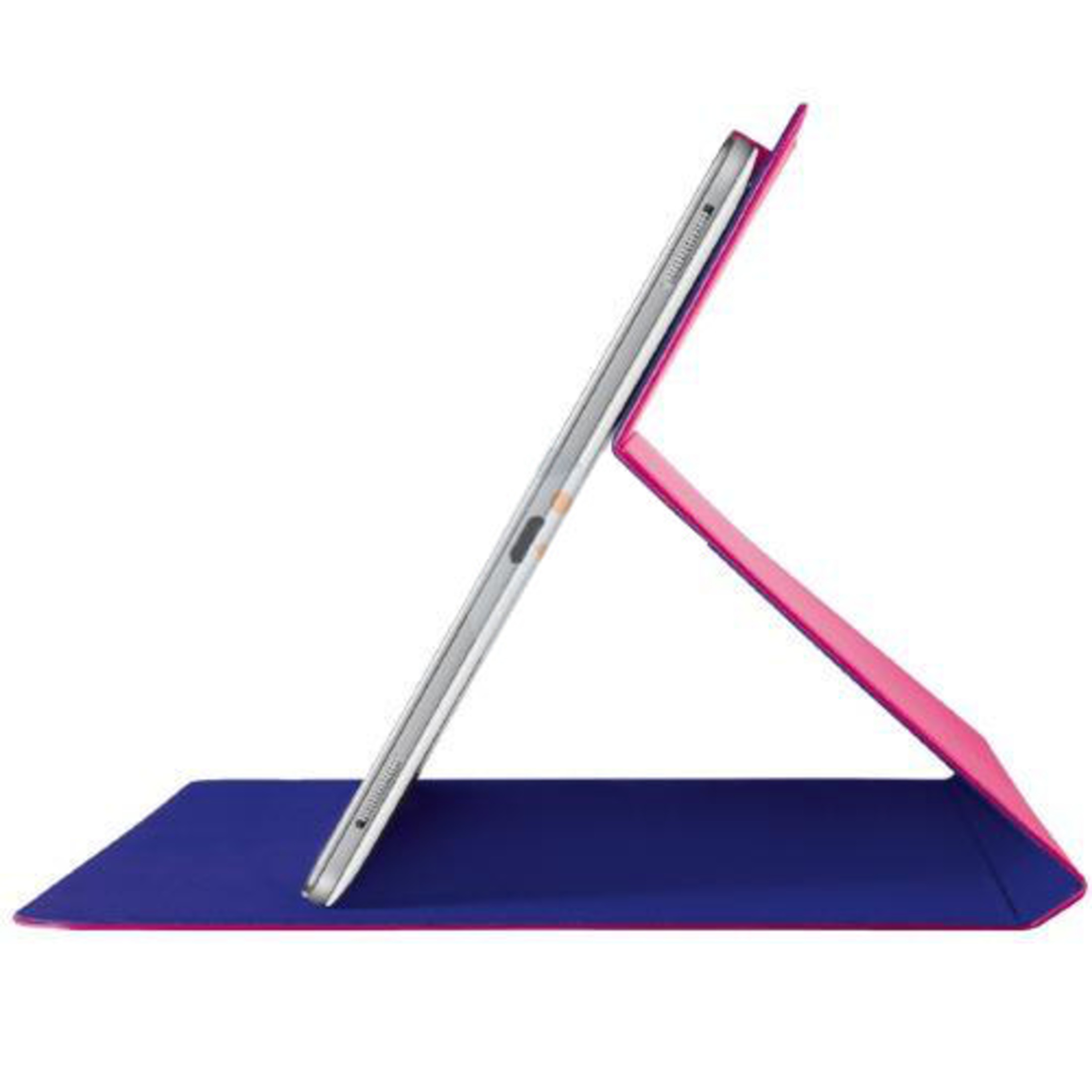 Ein silbernes Tablet in einem blauen und pinken Ständer auf weißem Hintergrund.