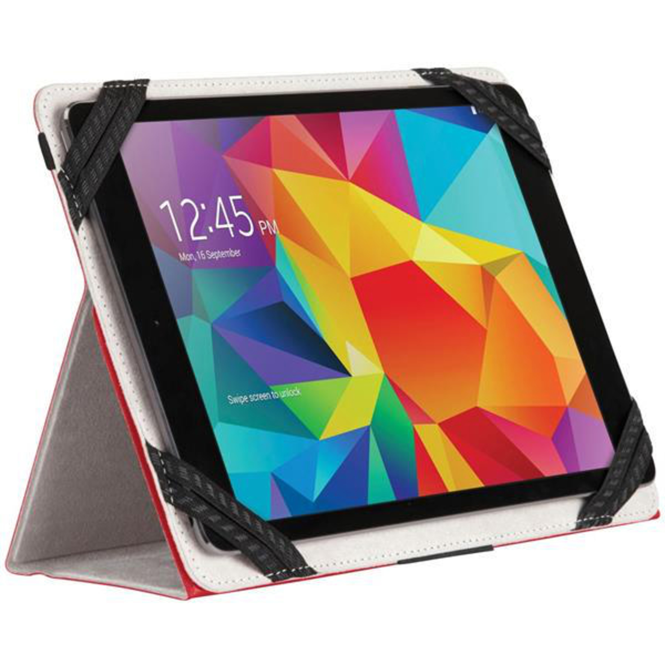 Una tableta en una funda roja con un fondo de pantalla colorido mostrando las 12:45.