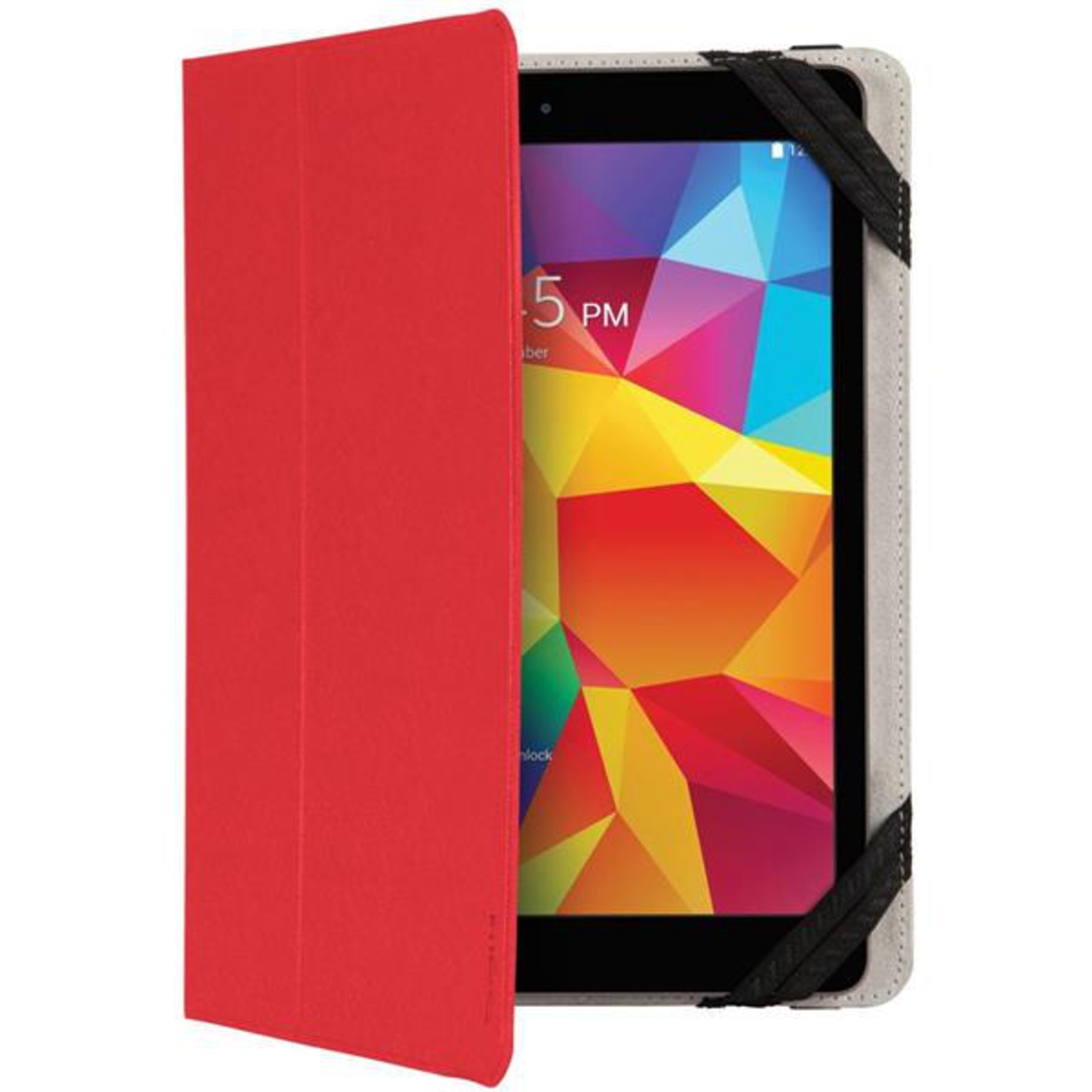 Una funda roja para tableta está abierta, la tableta muestra una pantalla colorida.
