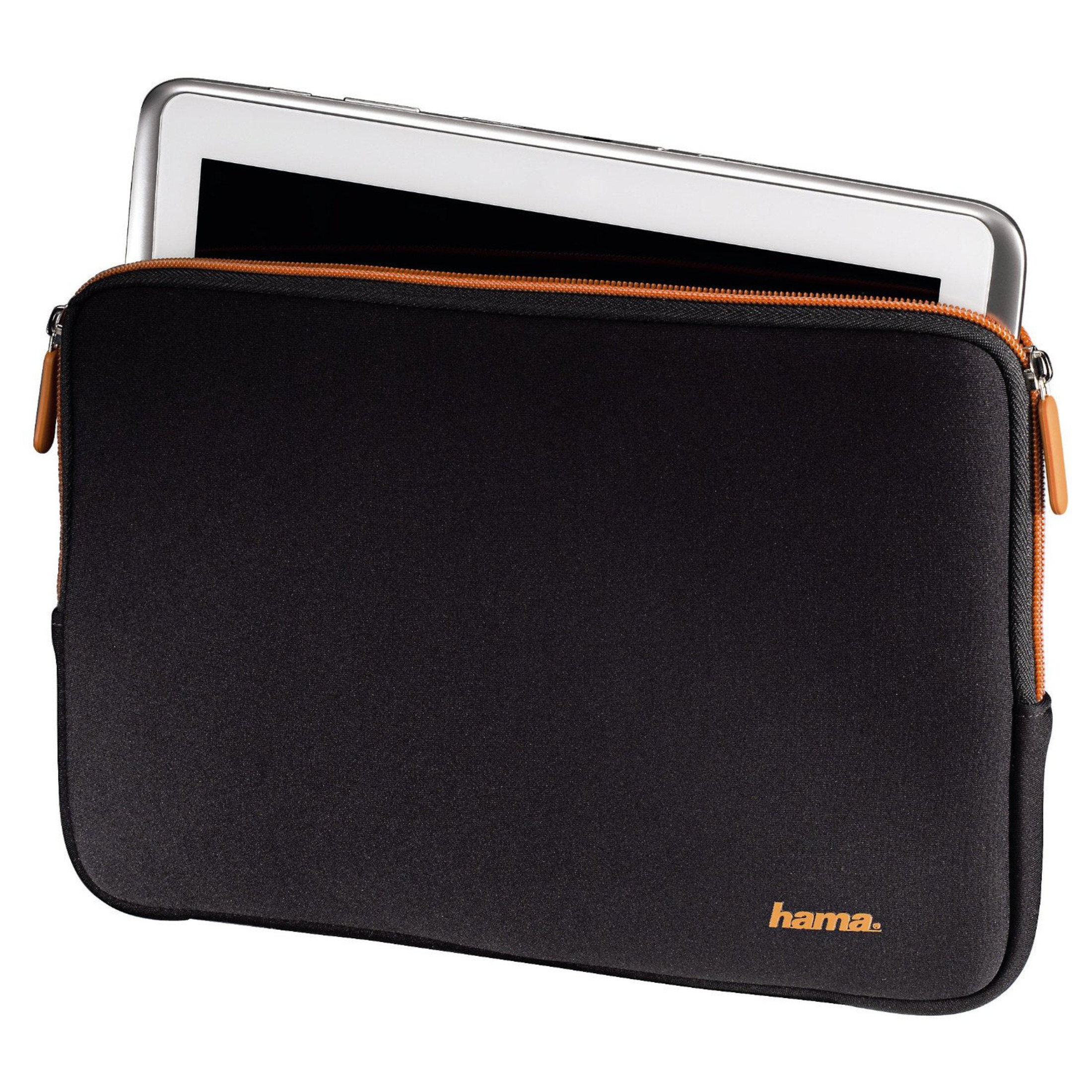 Schwarze Hülle mit Tablet, orangefarbener Reißverschluss und Logo.