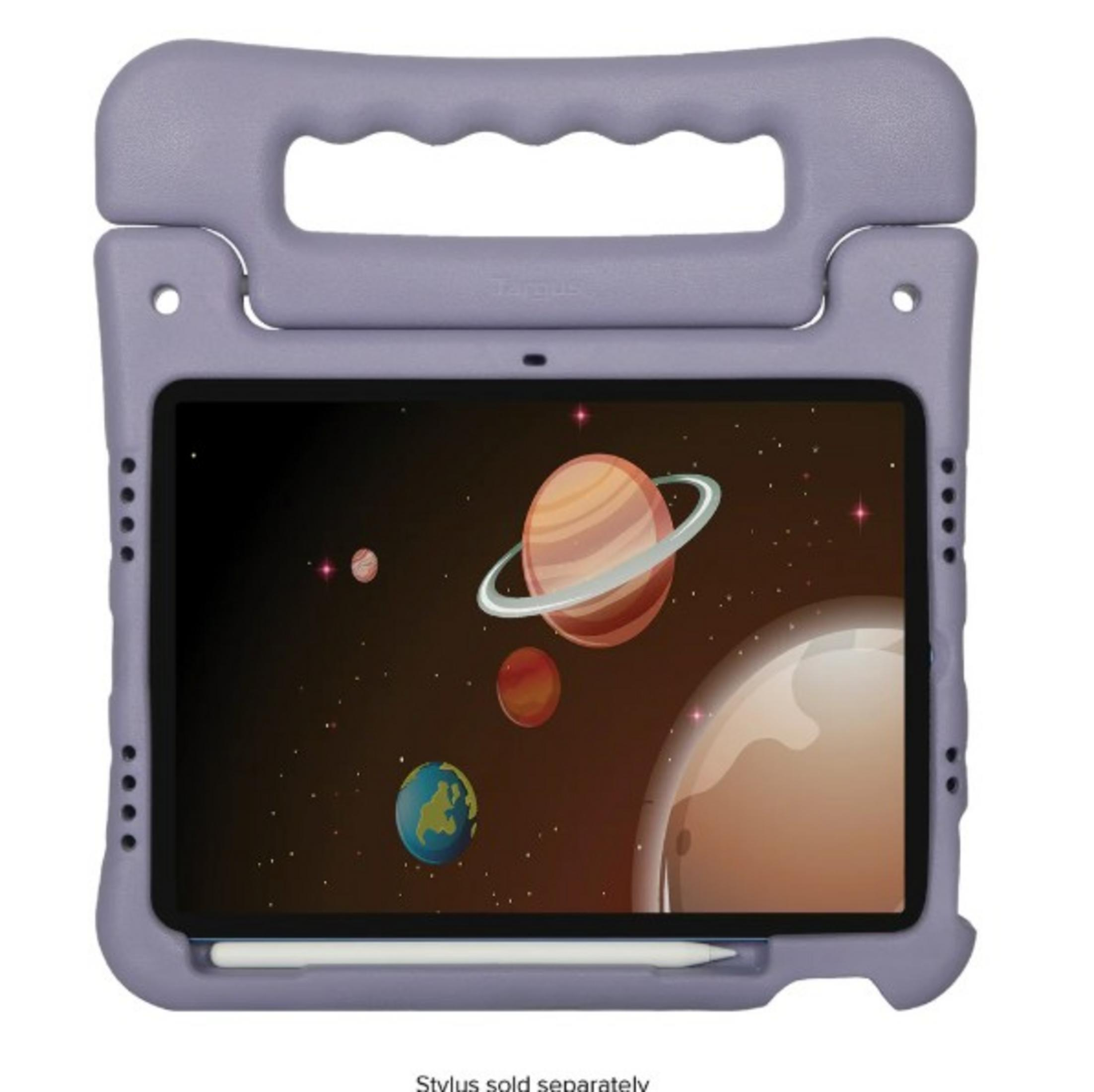 Funda morada para tableta con asa, con escena espacial en pantalla.