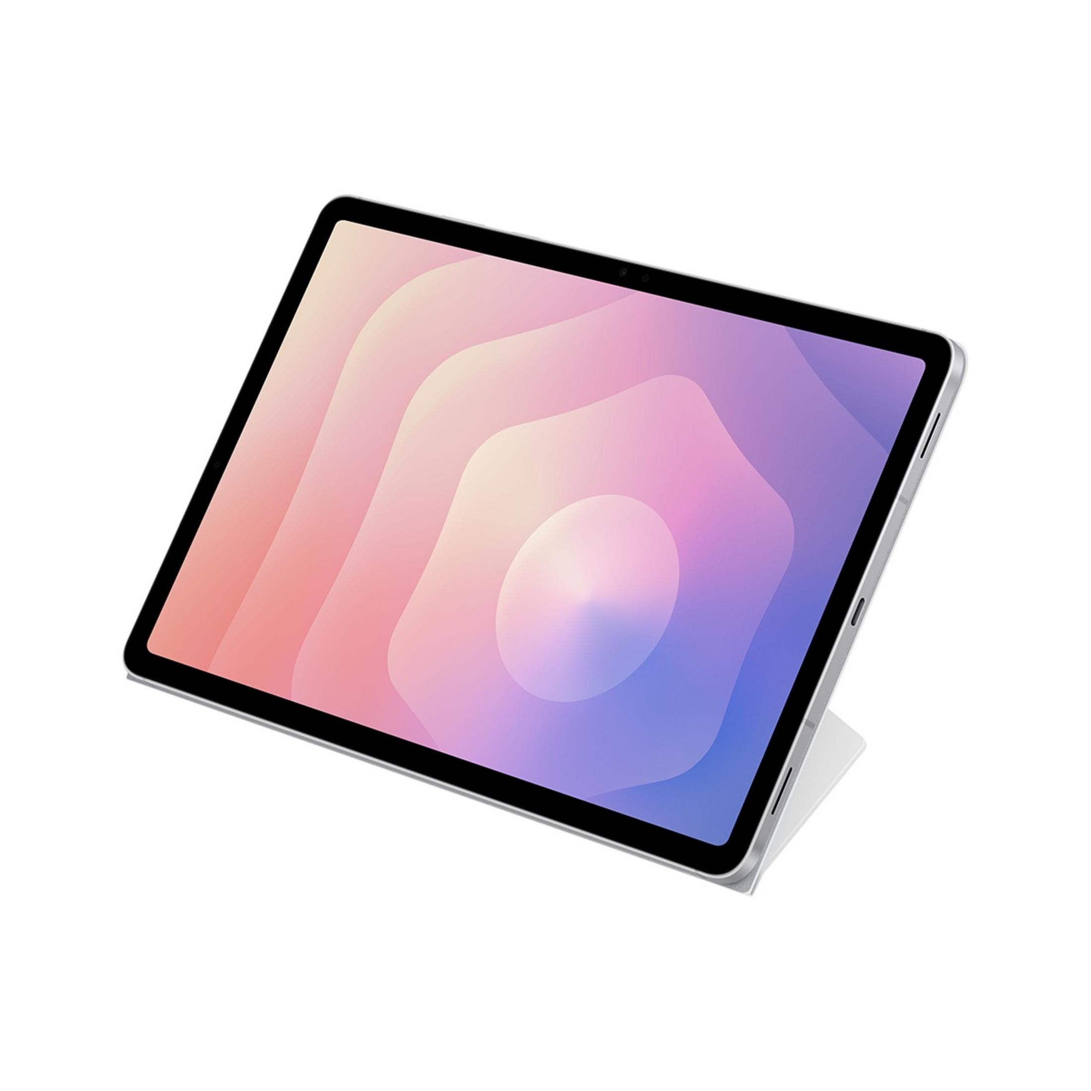 Srebrny tablet z abstrakcyjnym tłem w kolorach różu i fioletu.