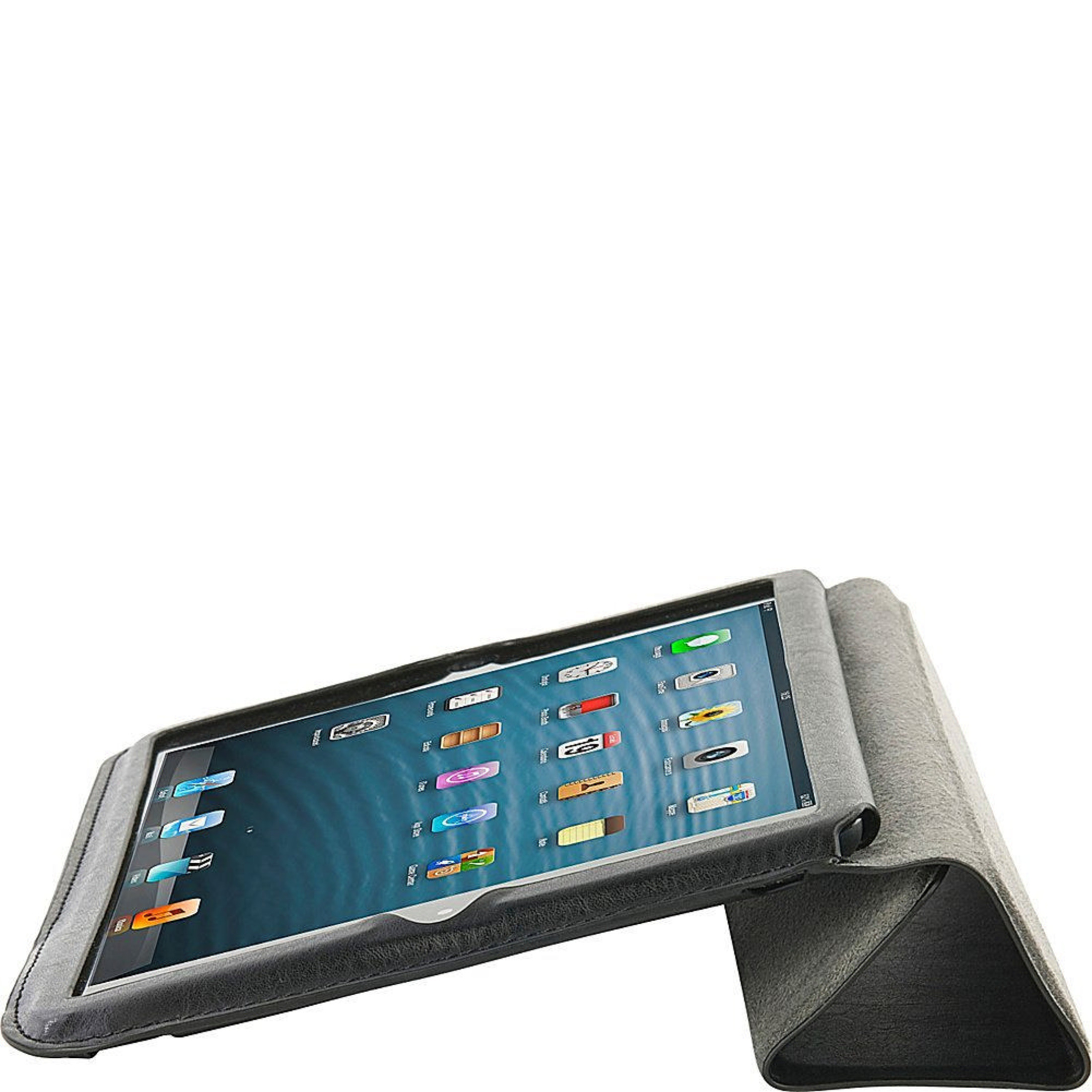 Szary tablet w stojaku z wieloma ikonami aplikacji na ekranie.