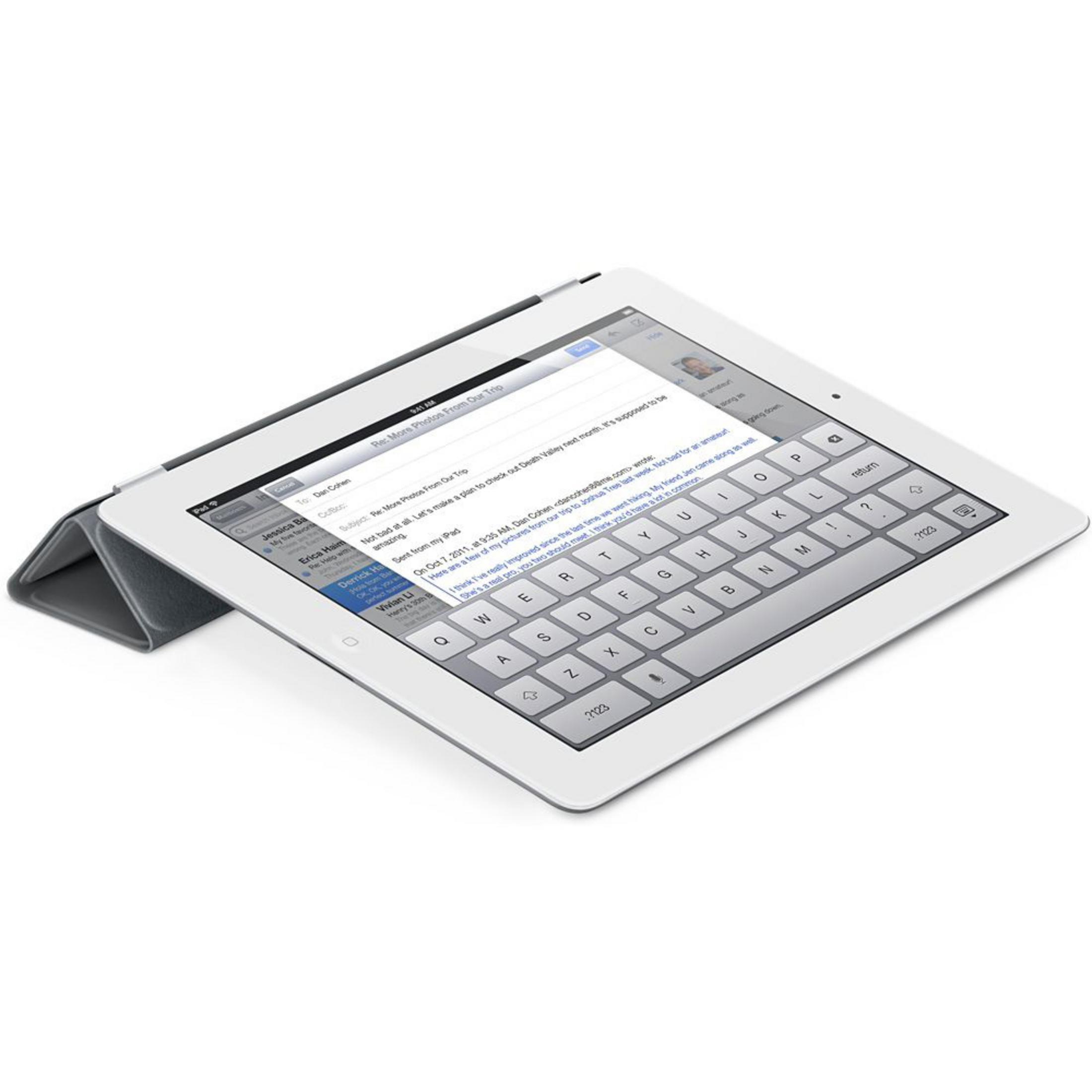 Ein weißes iPad mit Tastaturhülle zeigt eine E-Mail-Konversation an.
