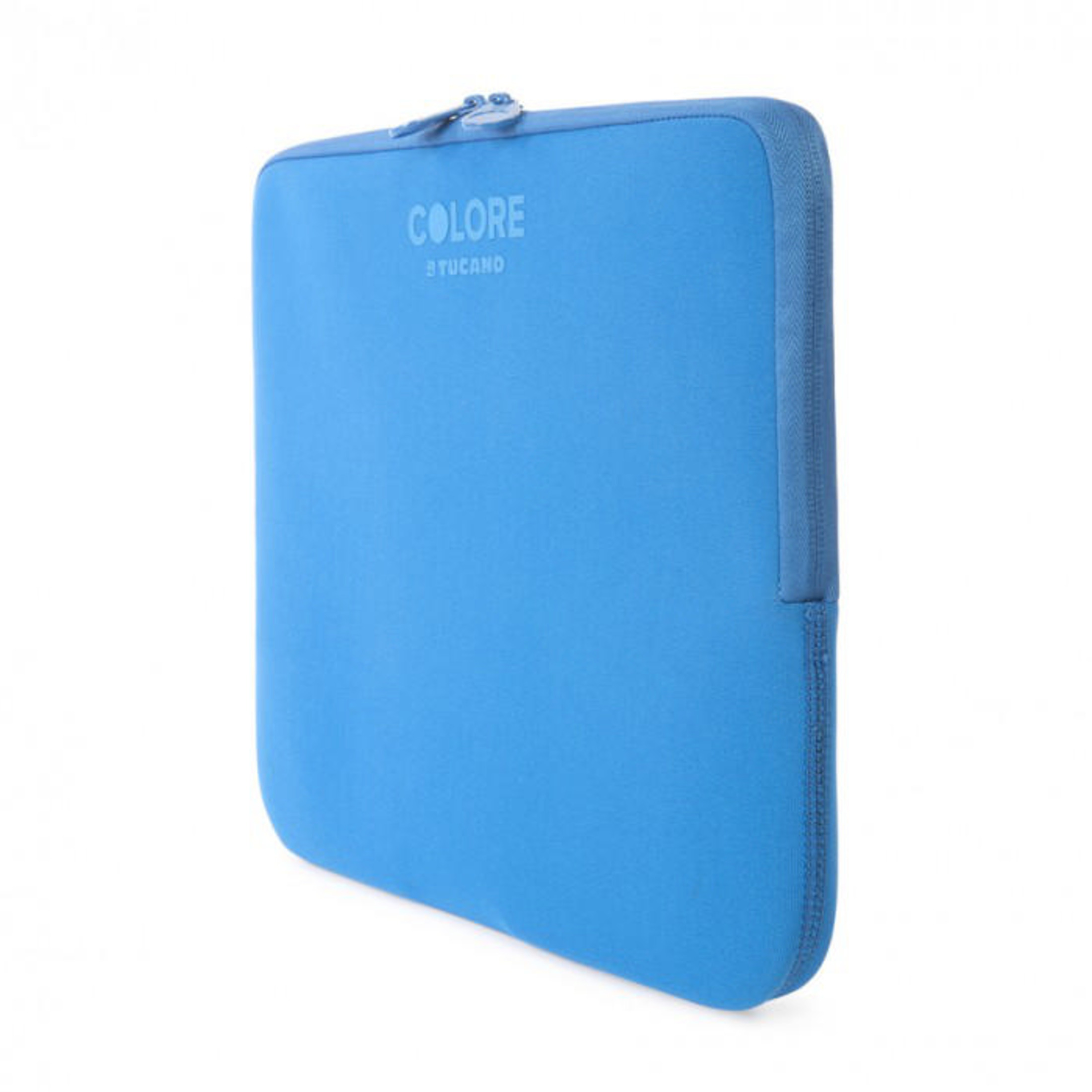 Custodia blu per laptop con cerniera e marchio COLORE.