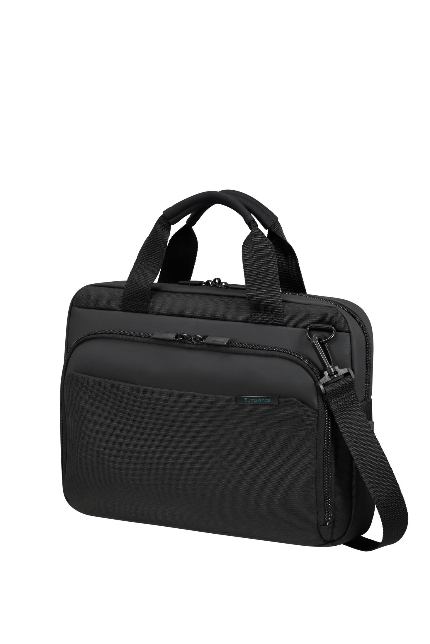 Borsa nera per laptop con due manici, tracolla e scomparti con cerniera.