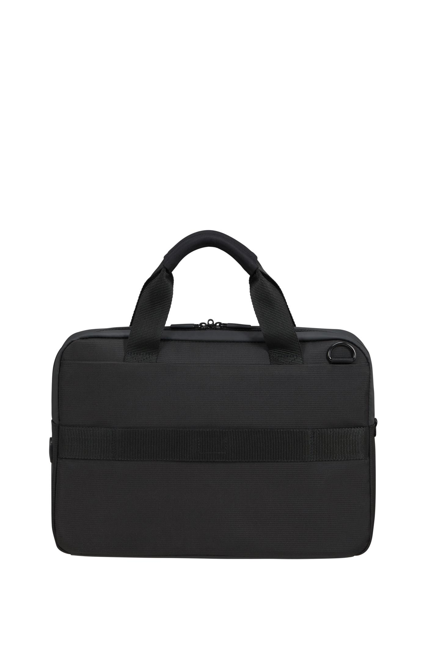 Borsa nera per laptop con manici e anello a D per tracolla.