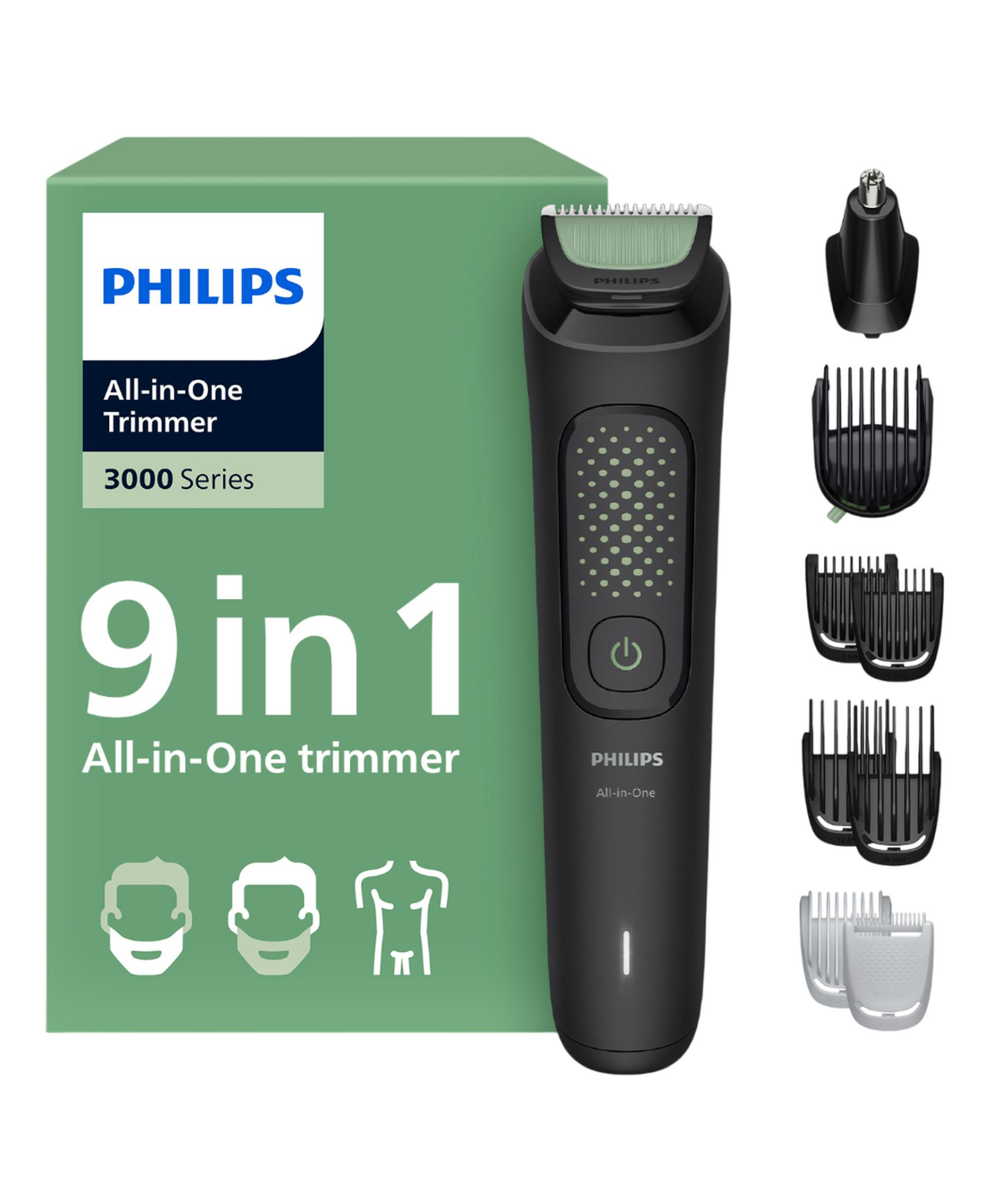 Philips 9-in-1 All-in-One Trimmer 3000 Series mit Aufsätzen und Nasenhaartrimmer.