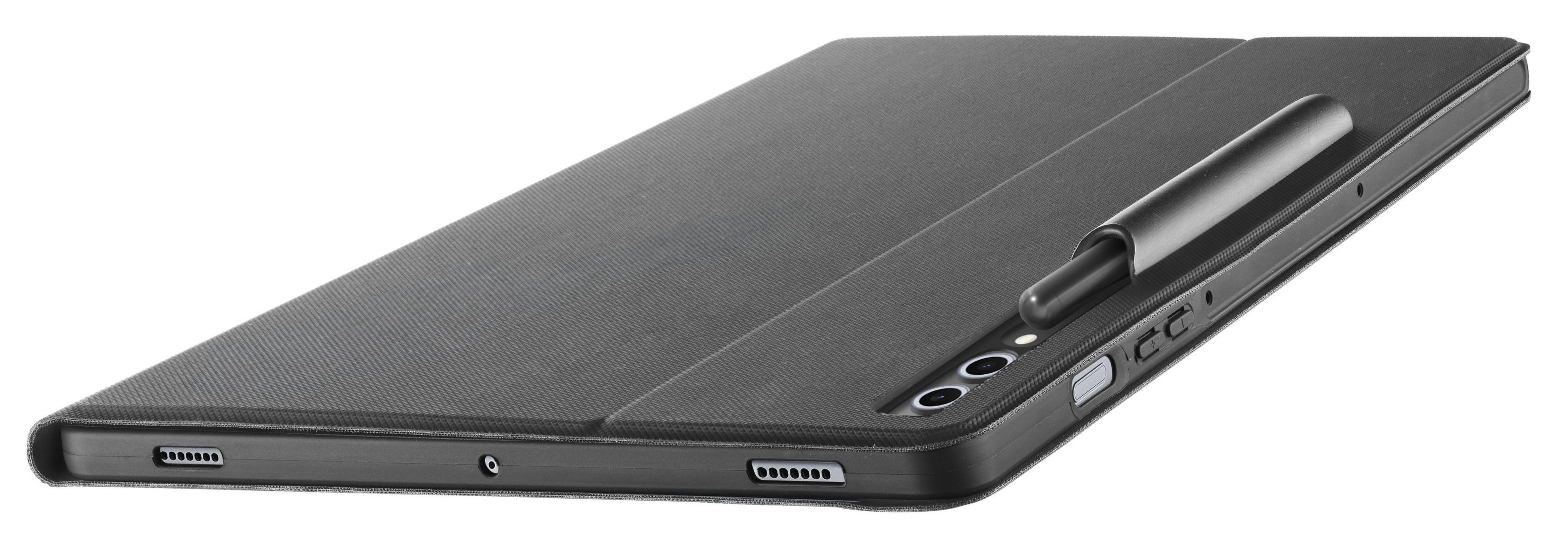 Un tablet nero con portapenne, appoggiato su una superficie bianca.