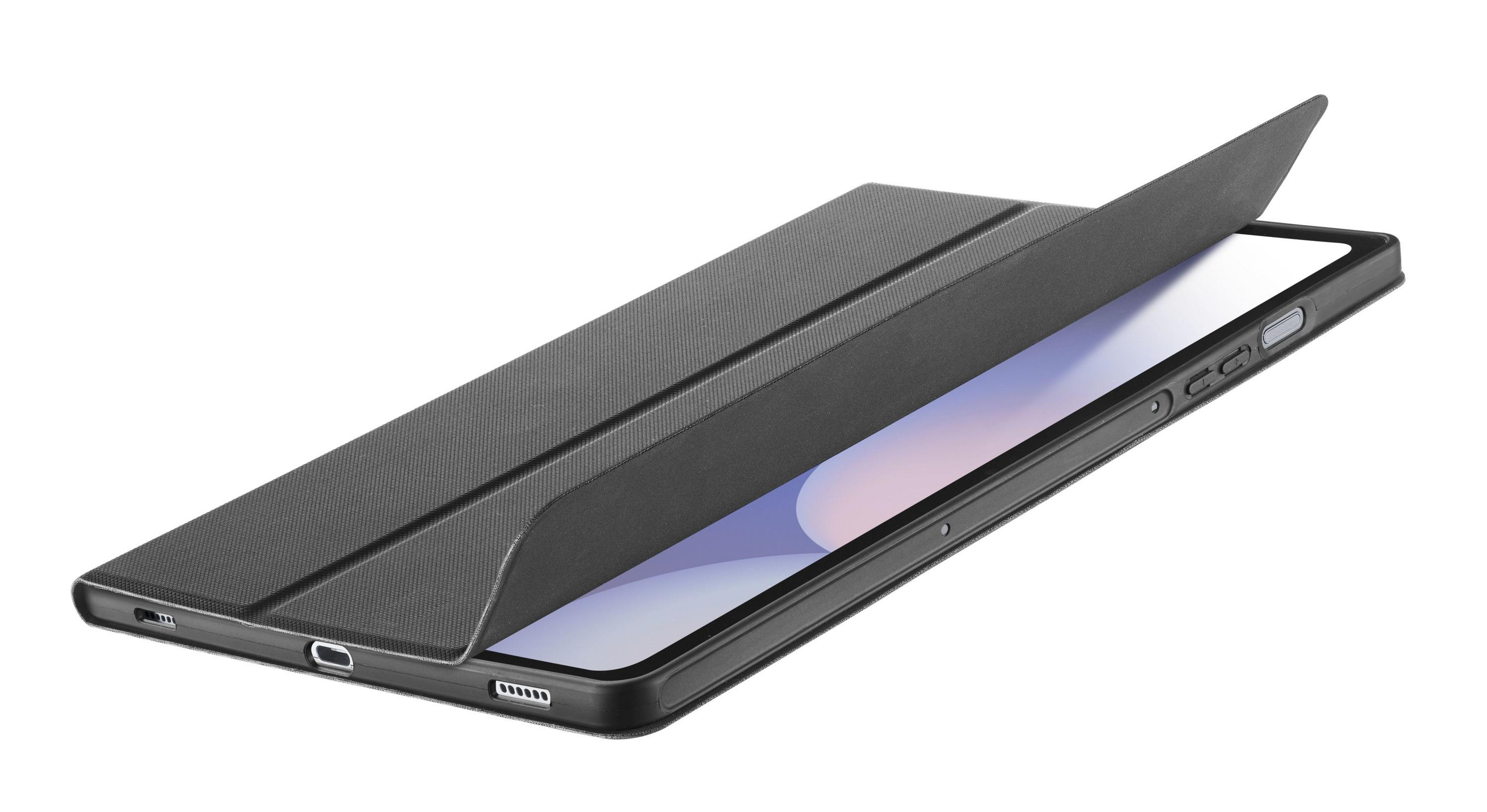 Smartphone nero con cover a libro aperta che rivela lo schermo.