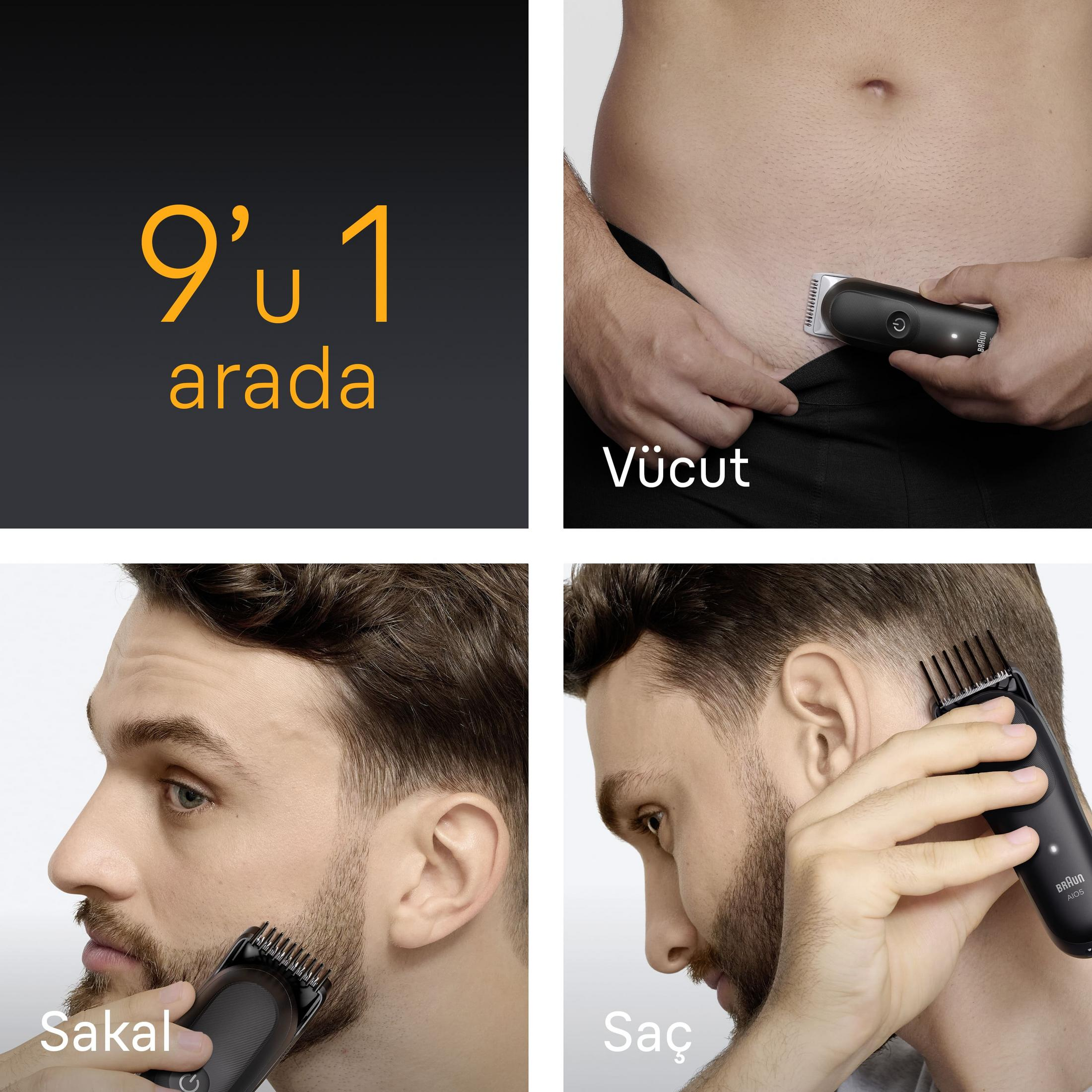 Ein Mann benutzt einen schwarzen Trimmer an Bart, Kopf und Körper.
