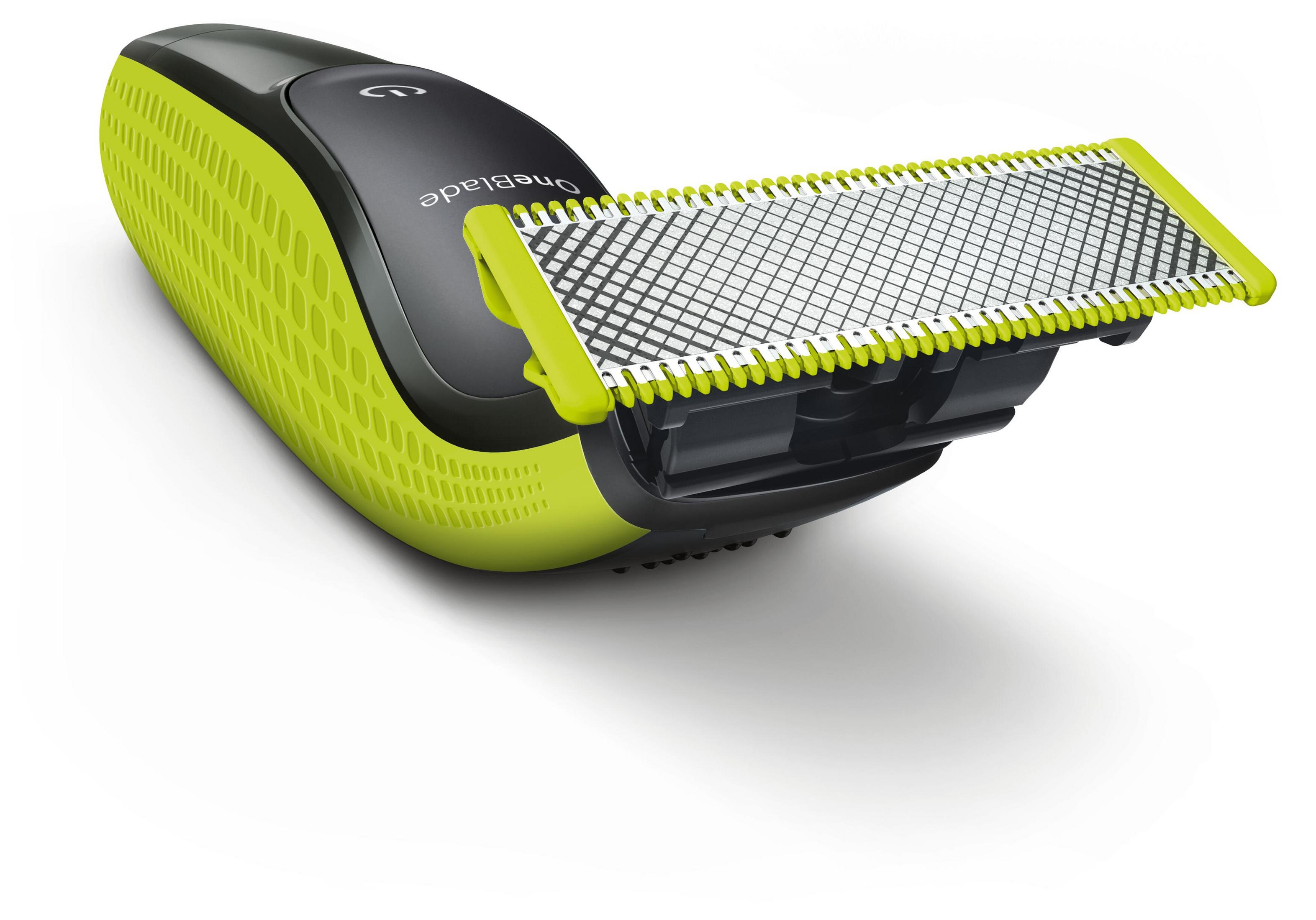 Trymer elektryczny z jasnozielonym korpusem i srebrną głowicą ostrza.