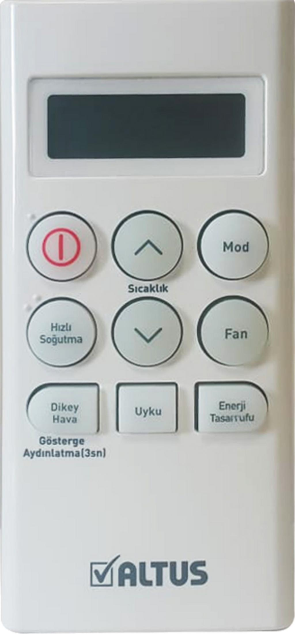 Açma/kapama, sıcaklık ve fan düğmeli beyaz klima kumandası.