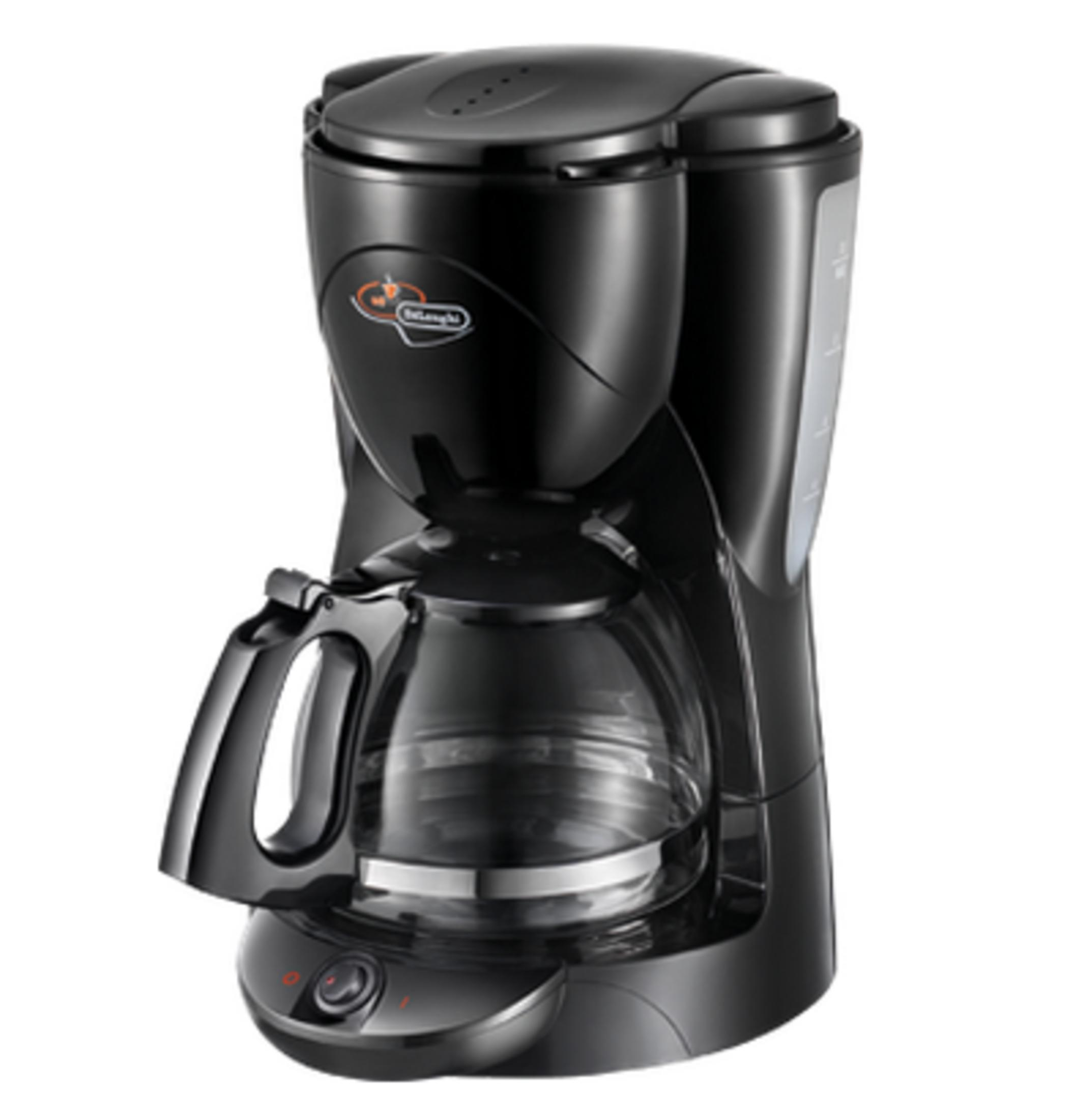 Czarny ekspres do kawy ze szklanym dzbankiem i wskaźnikiem poziomu wody.