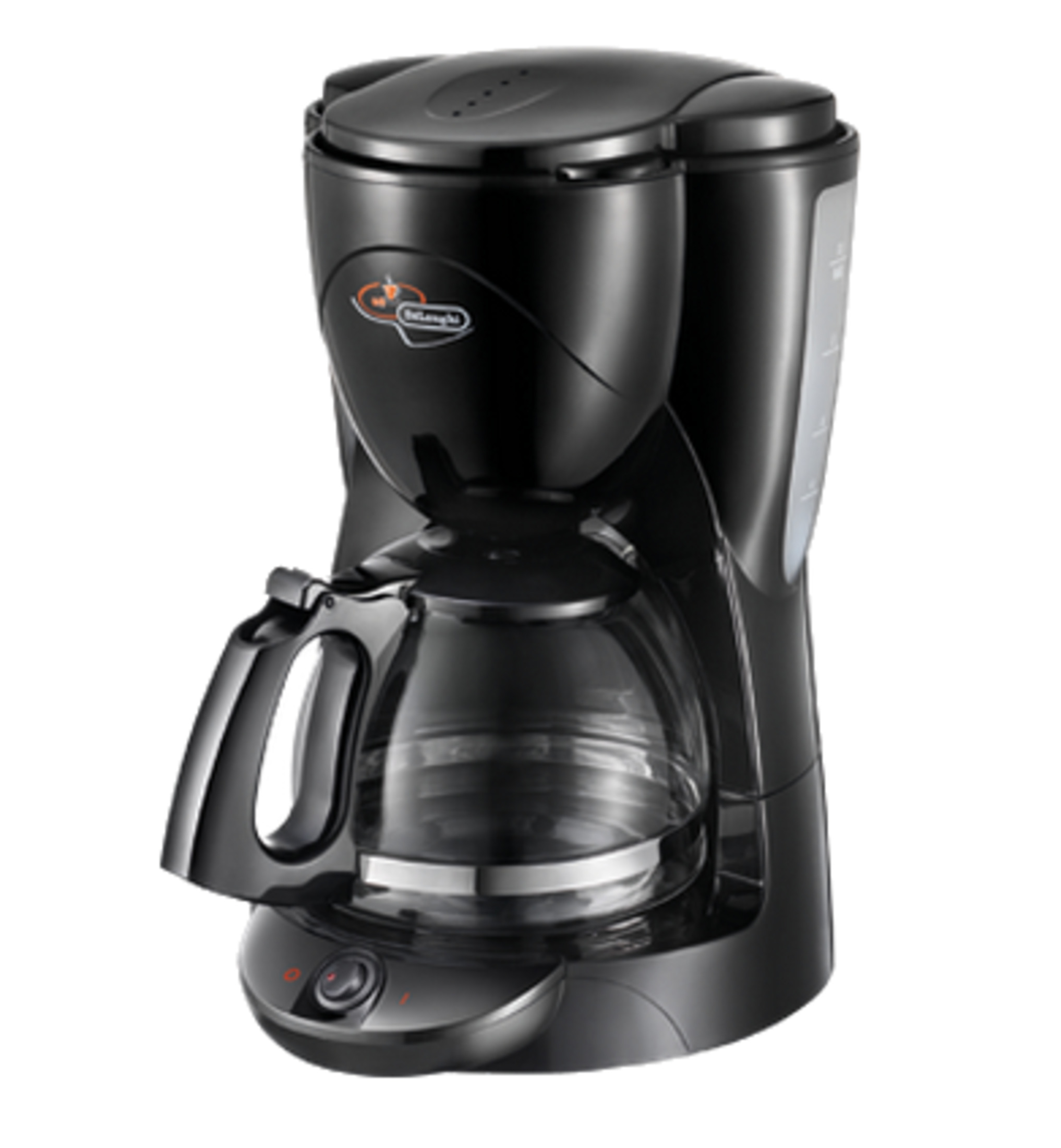 Czarny ekspres do kawy ze szklanym dzbankiem i wskaźnikiem poziomu wody.