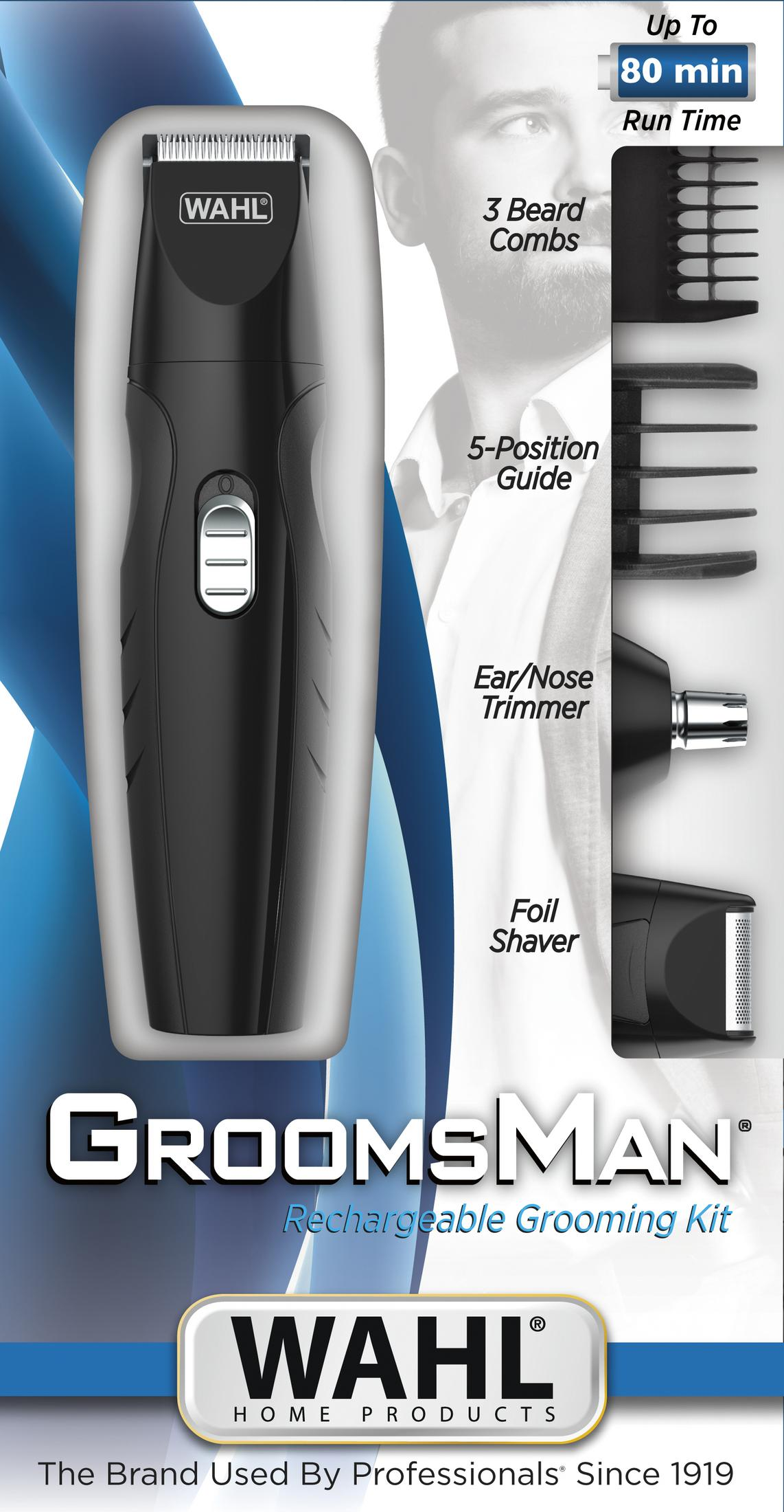 Wahl Groomsman Trimmer mit Bartkämmen, Führung, Ohr-/Nasentrimmer und Scherblatt.