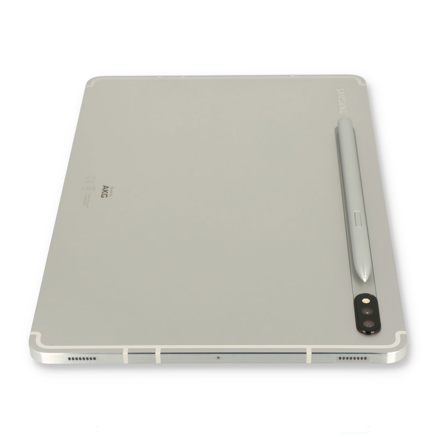 Ein silbernes Tablet mit einem Stift auf der Rückseite. Die Kamera ist unten rechts.