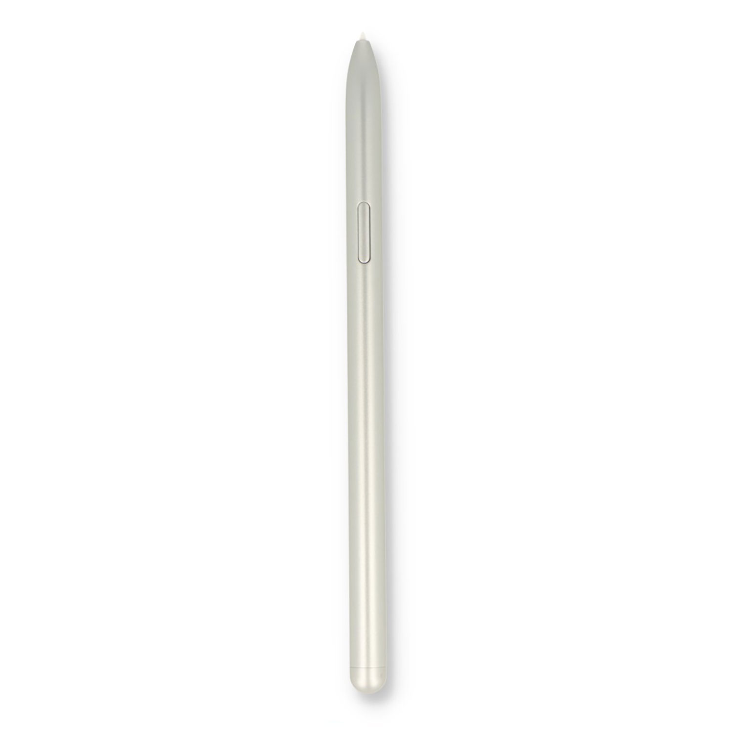 Ein silberner Stift mit einem Knopf auf weißem Hintergrund.