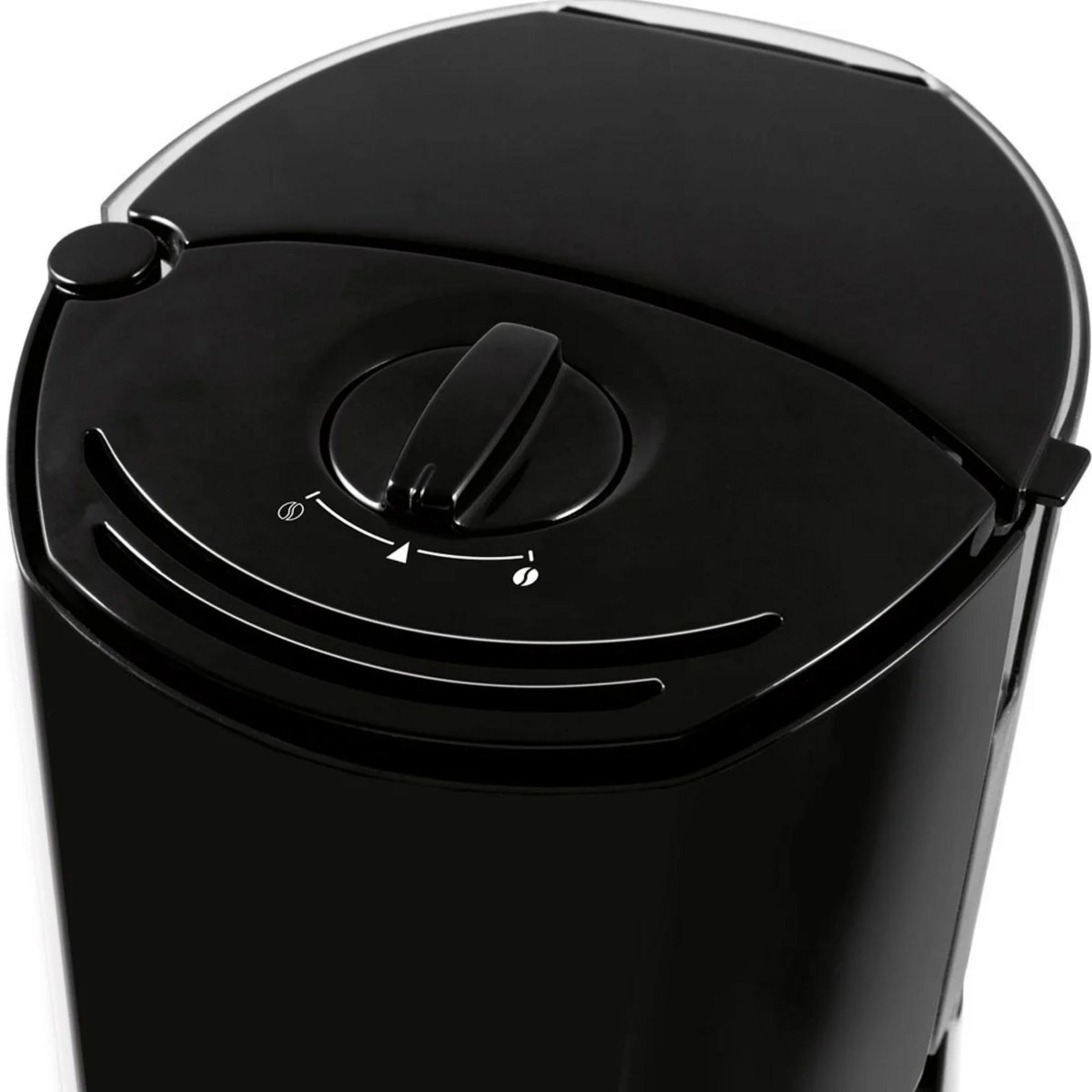 Czarna pokrywa ekspresu do kawy z pokrętłem i ikoną ziarna kawy.