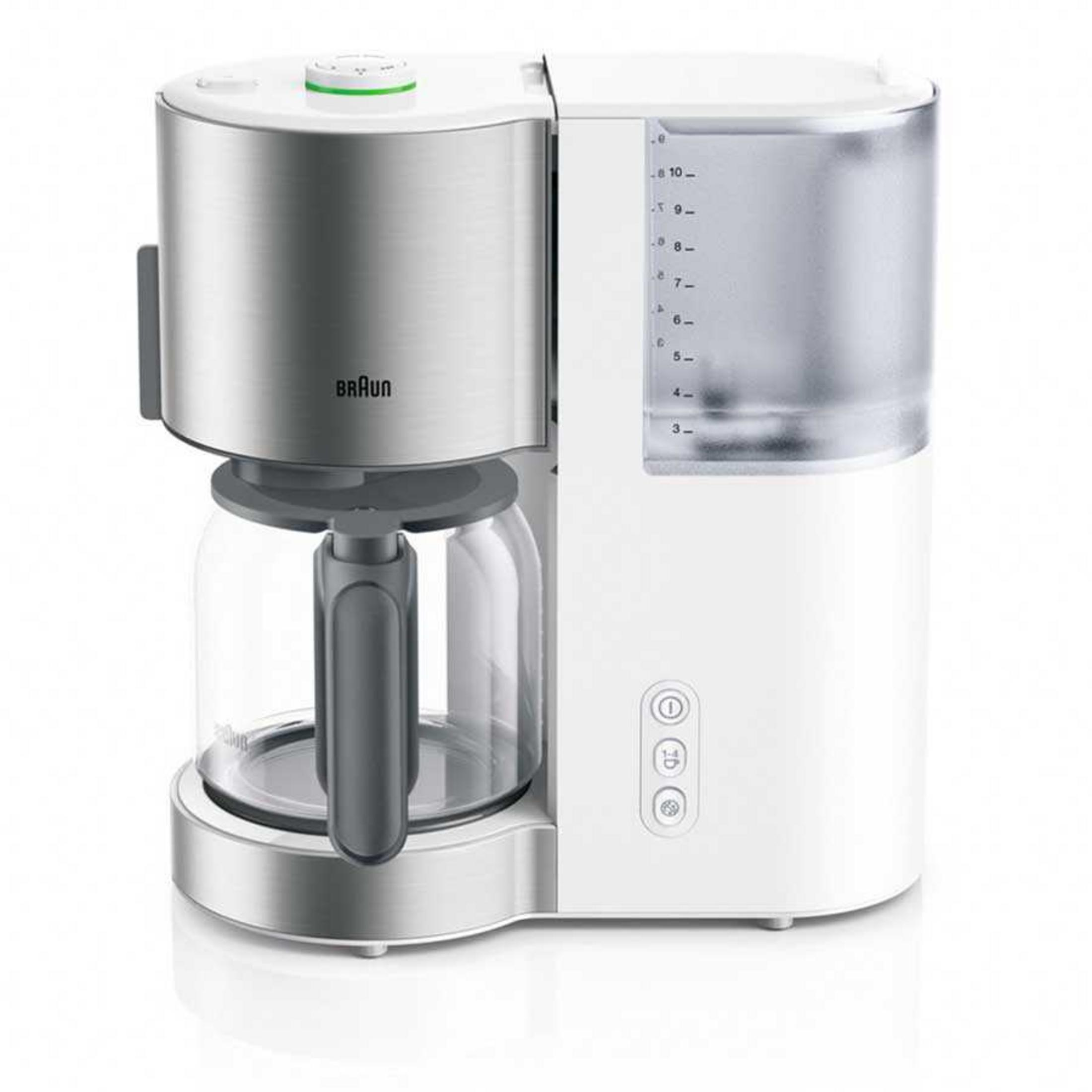 Eine weiße und silberne Kaffeemaschine mit Glaskanne und Wasserbehälter.