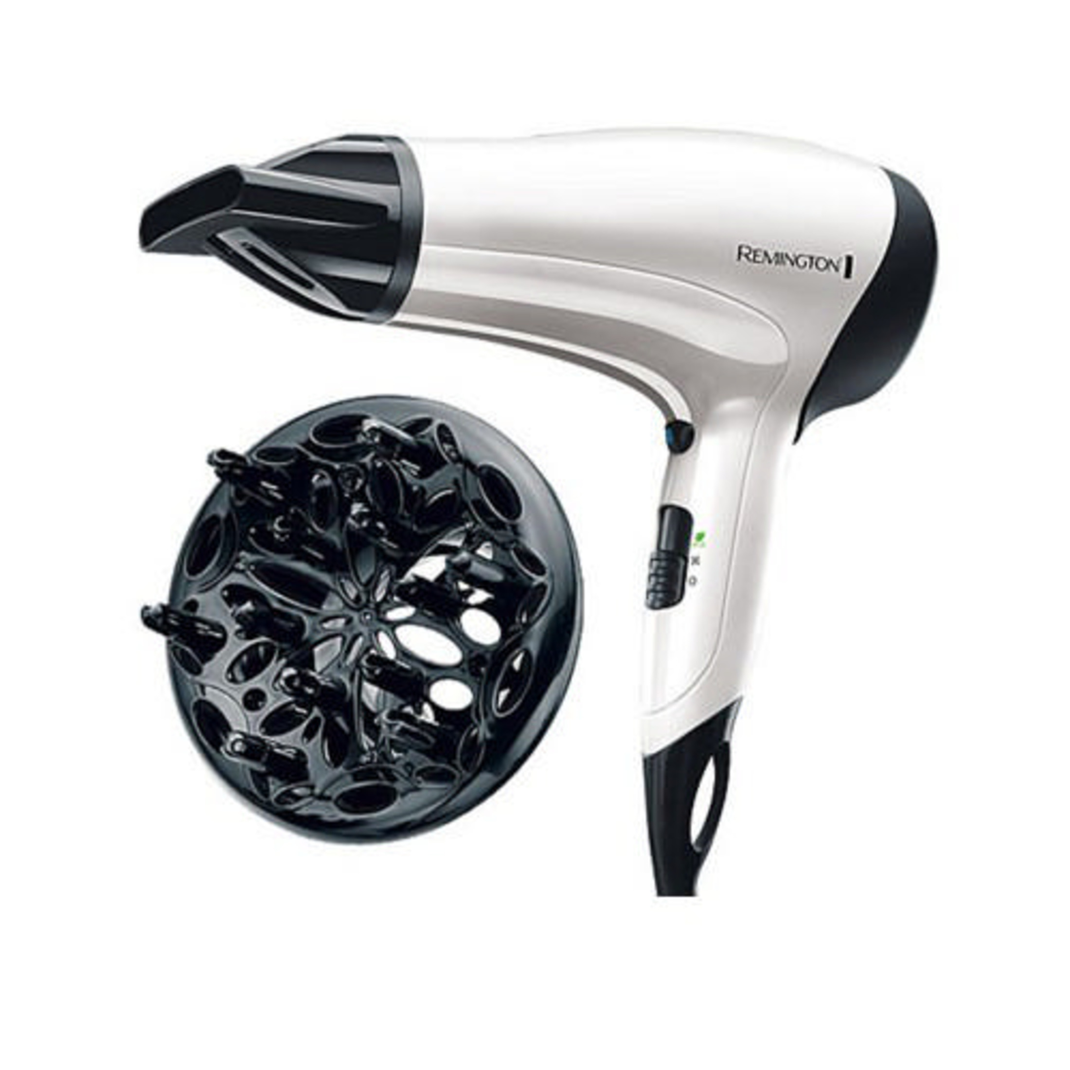 Een witte Remington haardroger met zwarte diffuser.