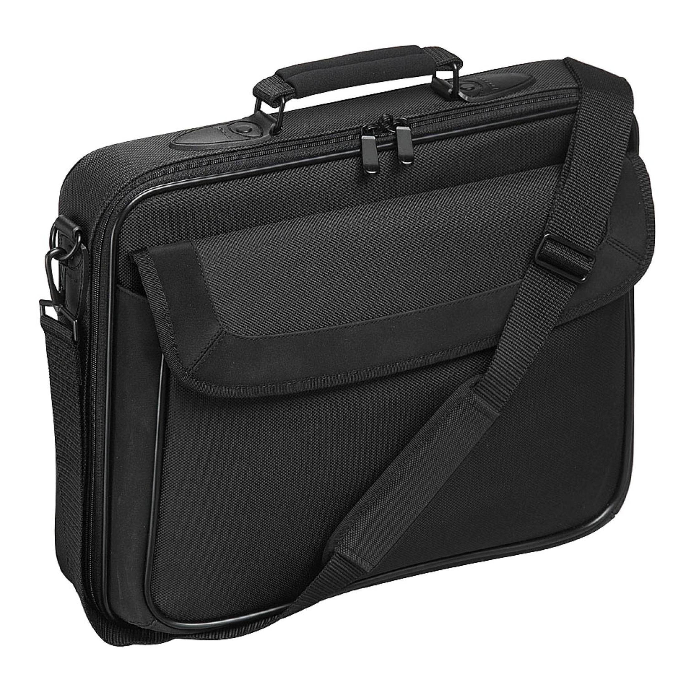 Borsa nera per laptop con manico e tracolla, isolata su bianco.
