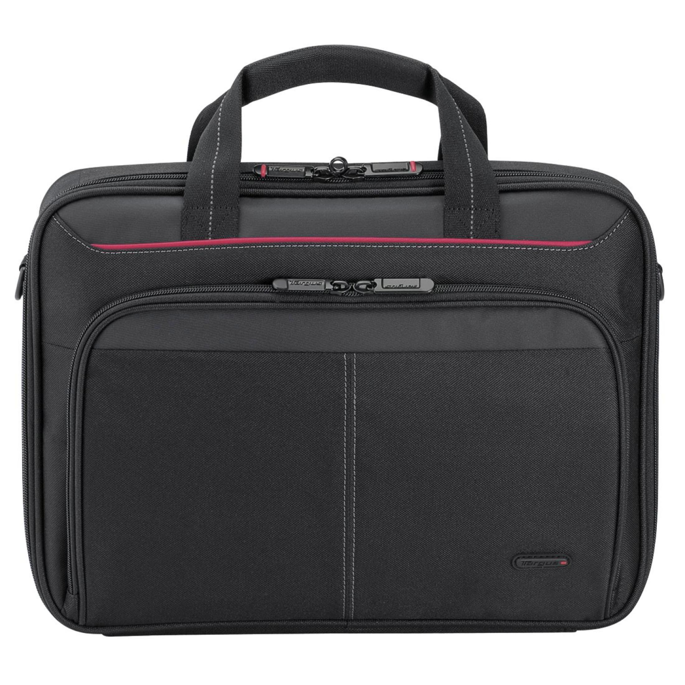 Borsa nera per laptop con due manici e accenti rossi.