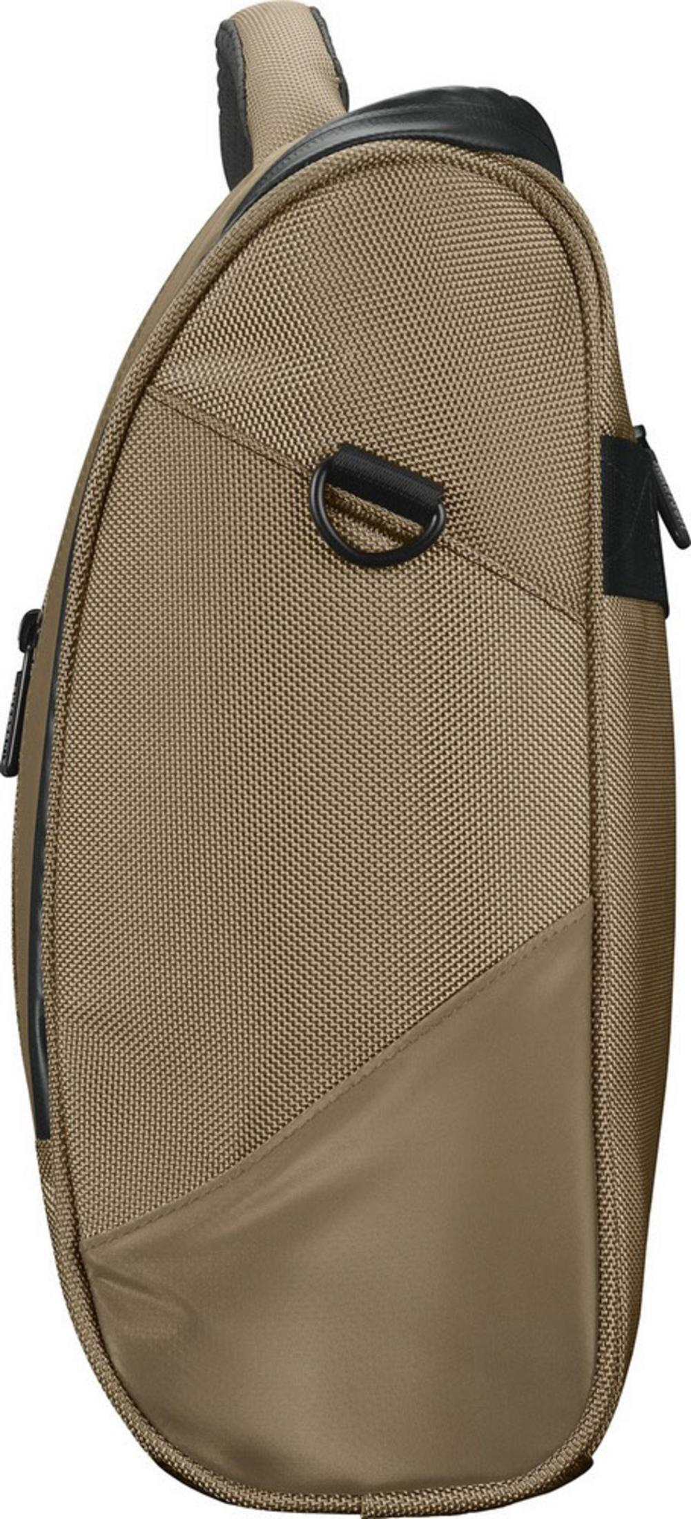 A tan bag with a black strap and D-ring.