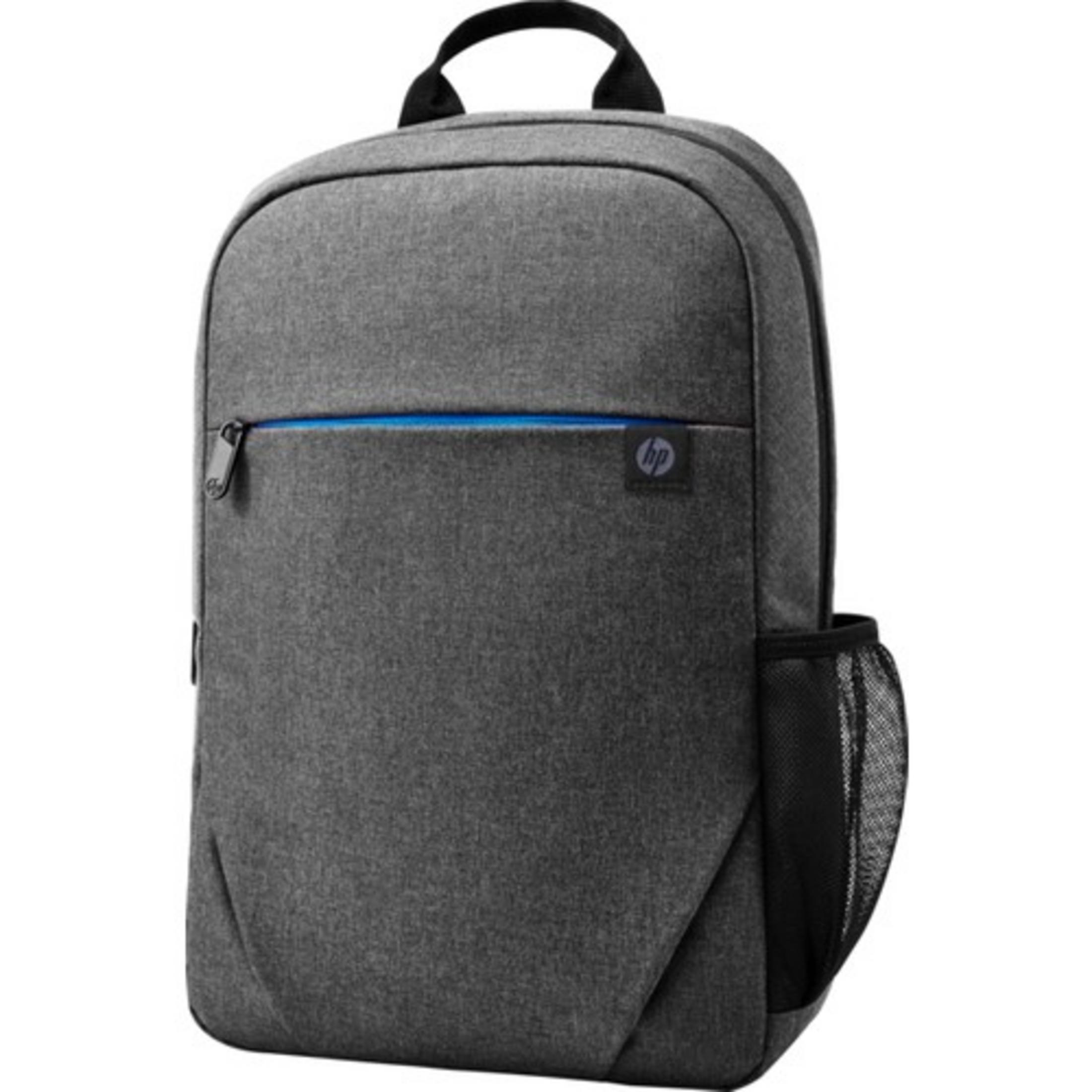Grauer Rucksack mit blauem Reissverschluss und HP-Logo. Netzseitentasche.