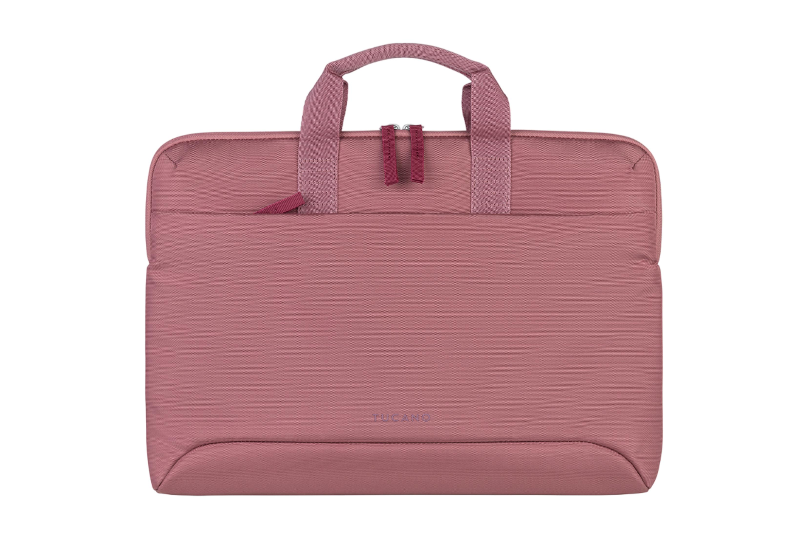Una borsa per laptop rosa con due manici e cerniera.