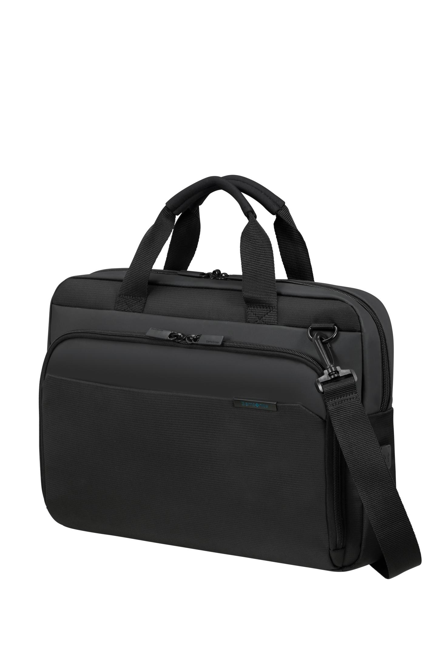 Borsa nera per laptop con manici e tracolla. Tasche con cerniera.