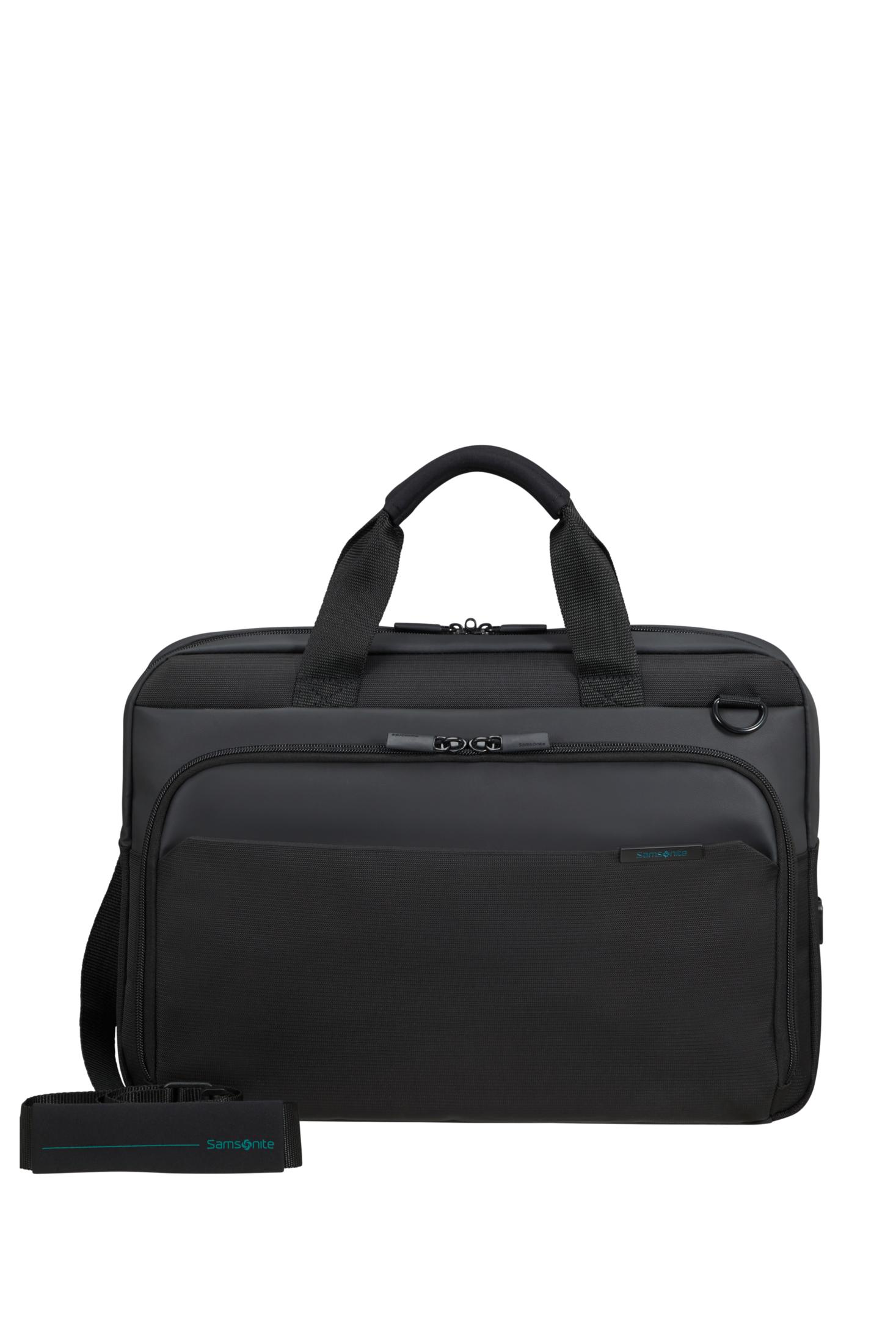 Borsa nera per laptop con manici e tracolla rimovibile.