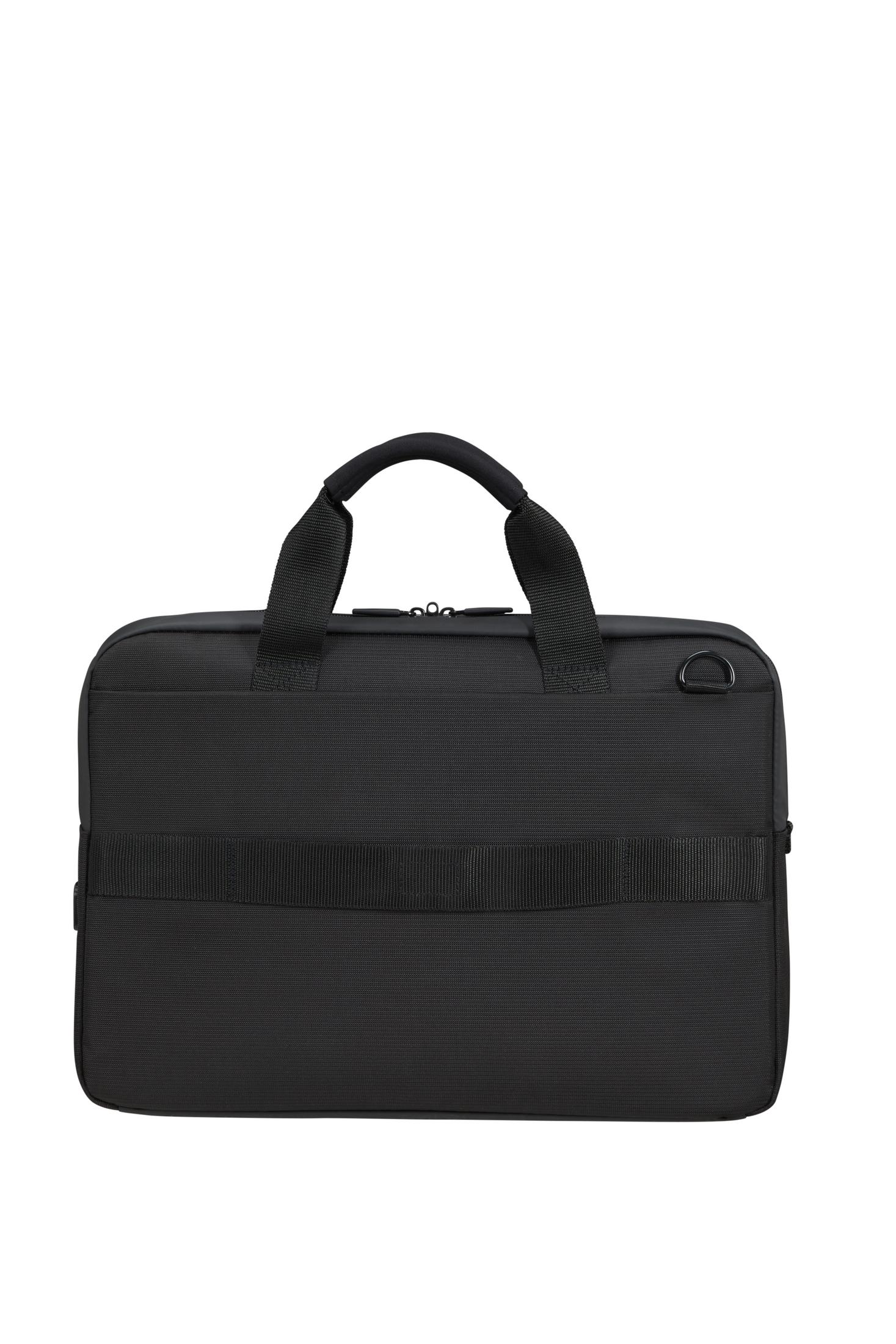Borsa nera per laptop con due manici e un anello a D laterale.