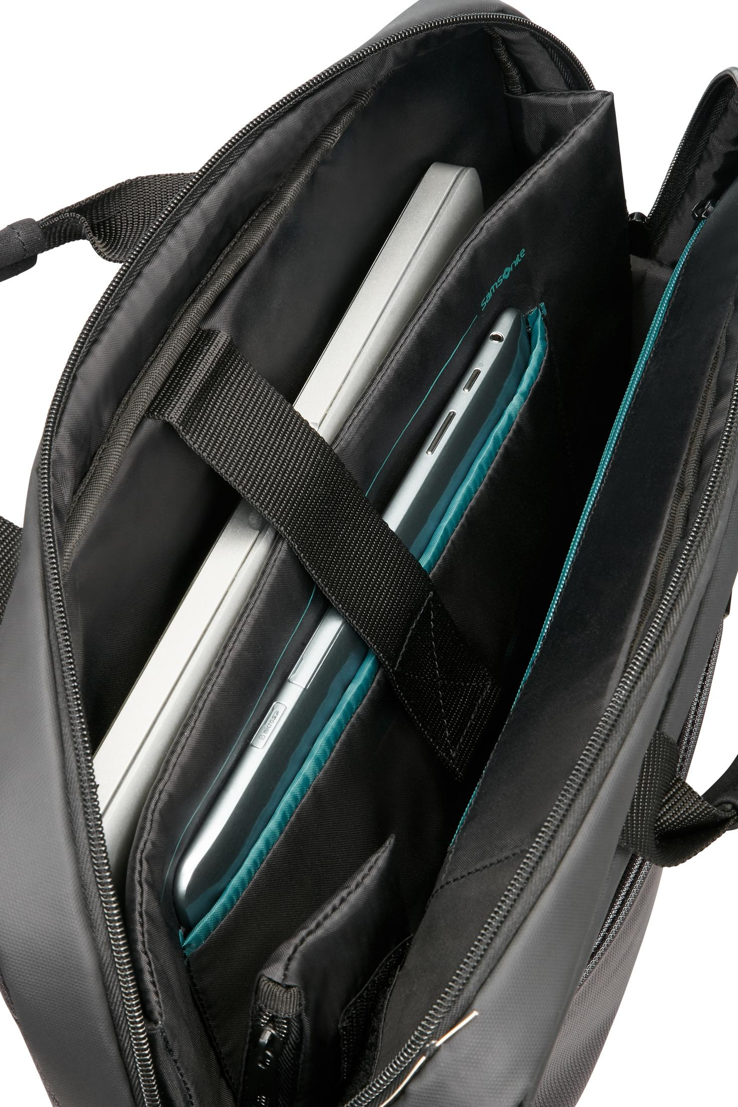 Mavi astarlı siyah çantanın içinde laptop ve tablet, Samsonite logosu mevcut.
