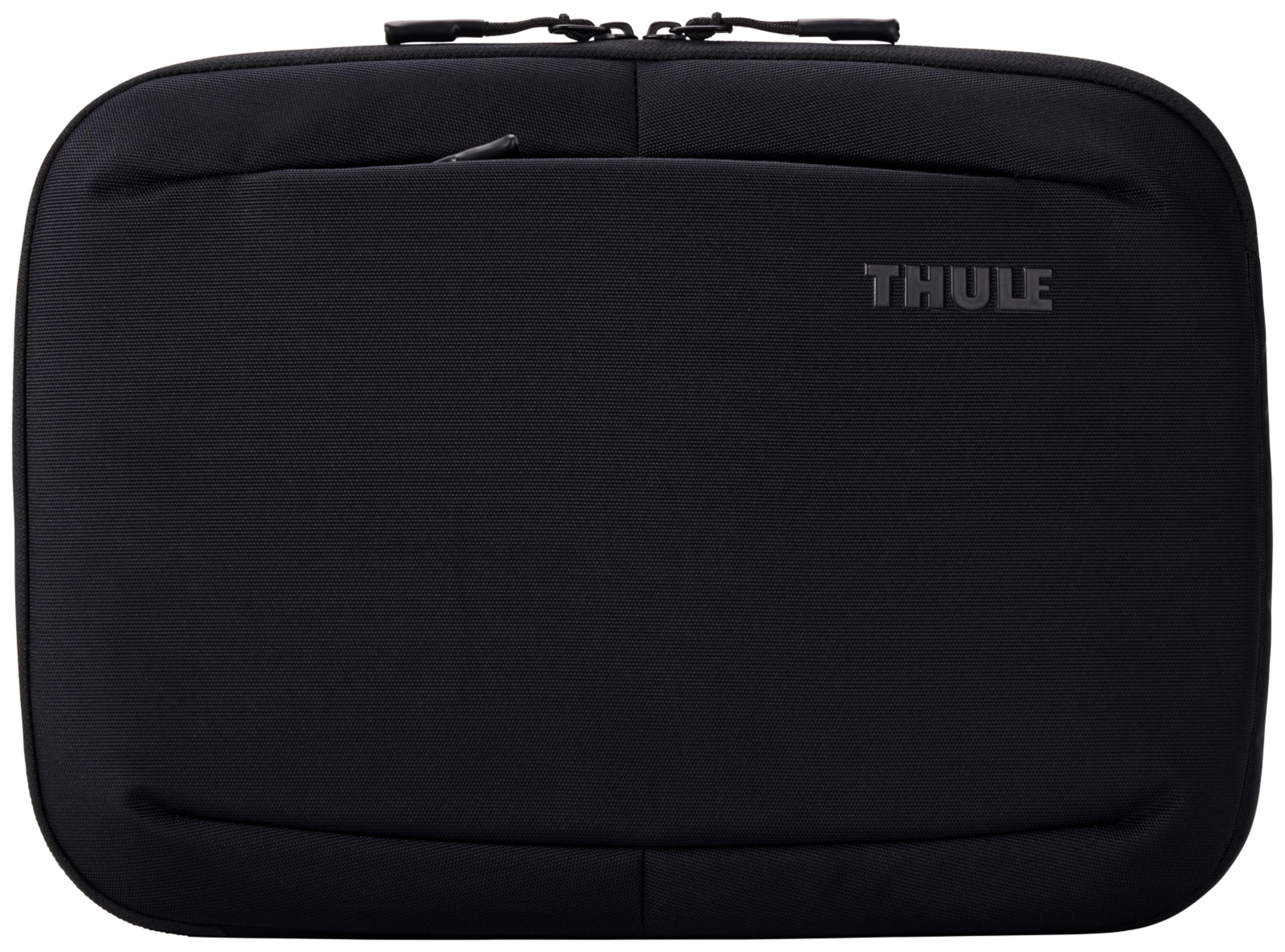 Borsa nera con cerniera in alto e logo THULE.