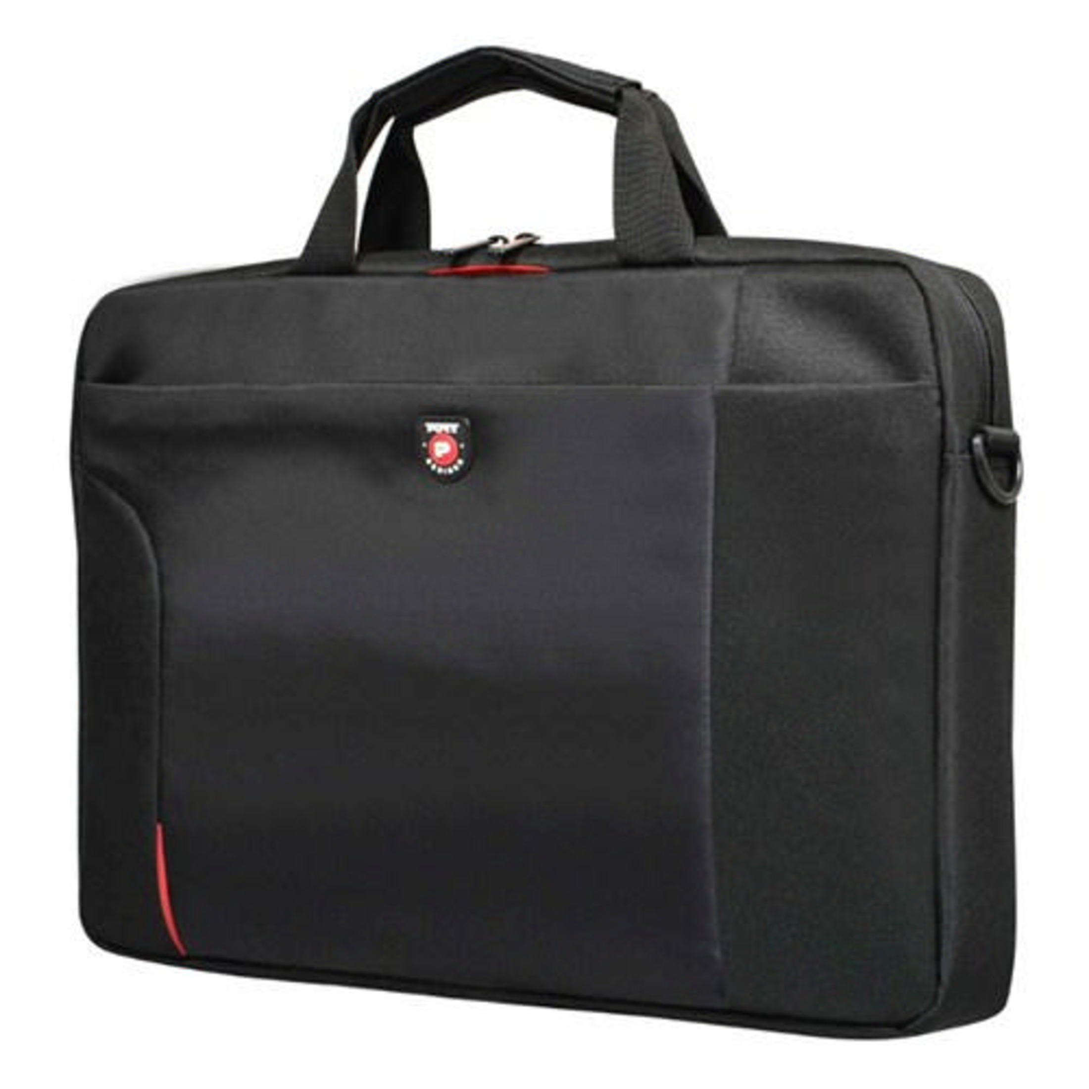 Borsa nera per laptop con accenti rossi e manici.