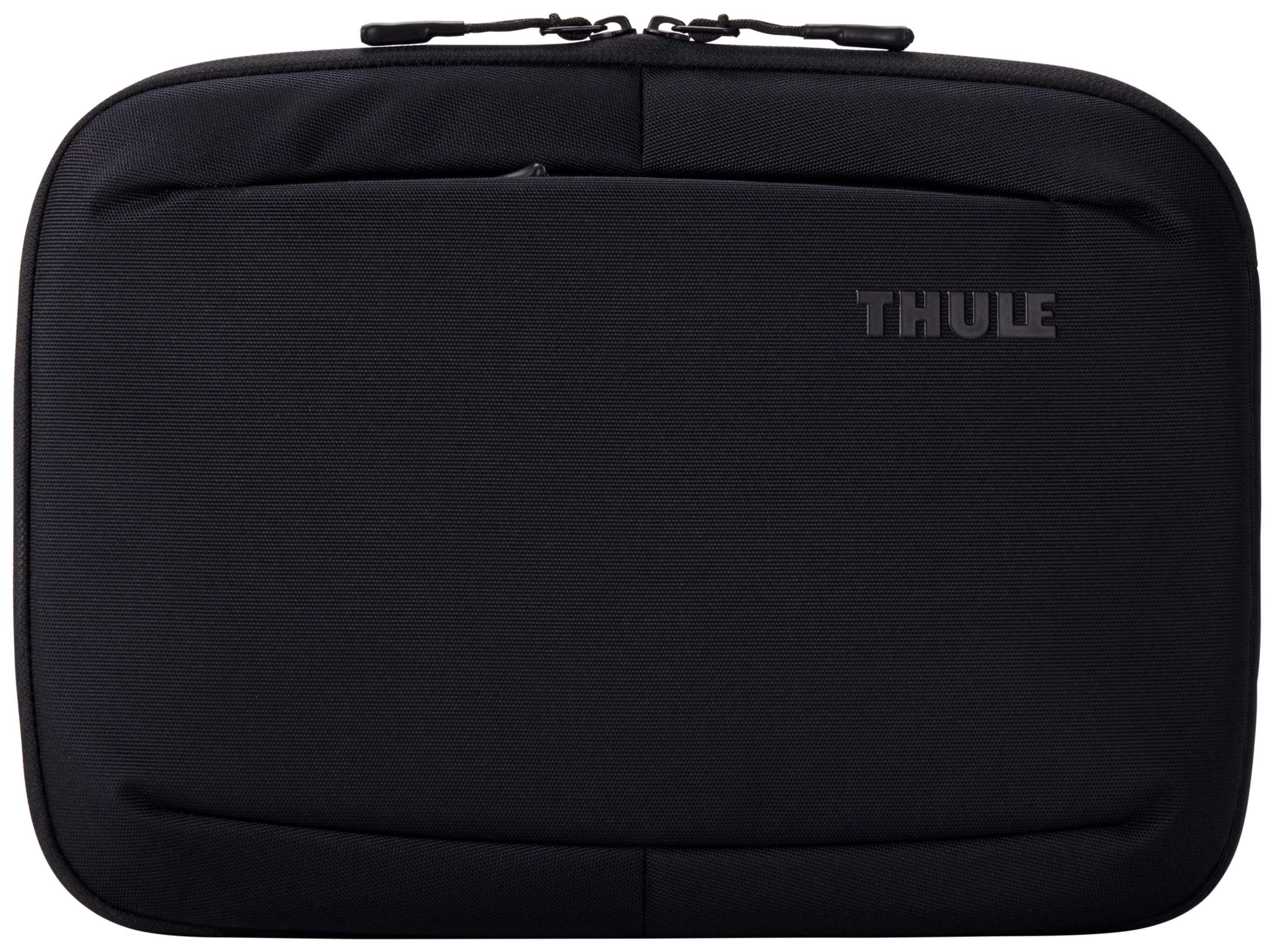 Borsa nera con cerniera e logo 'THULE' in rilievo.