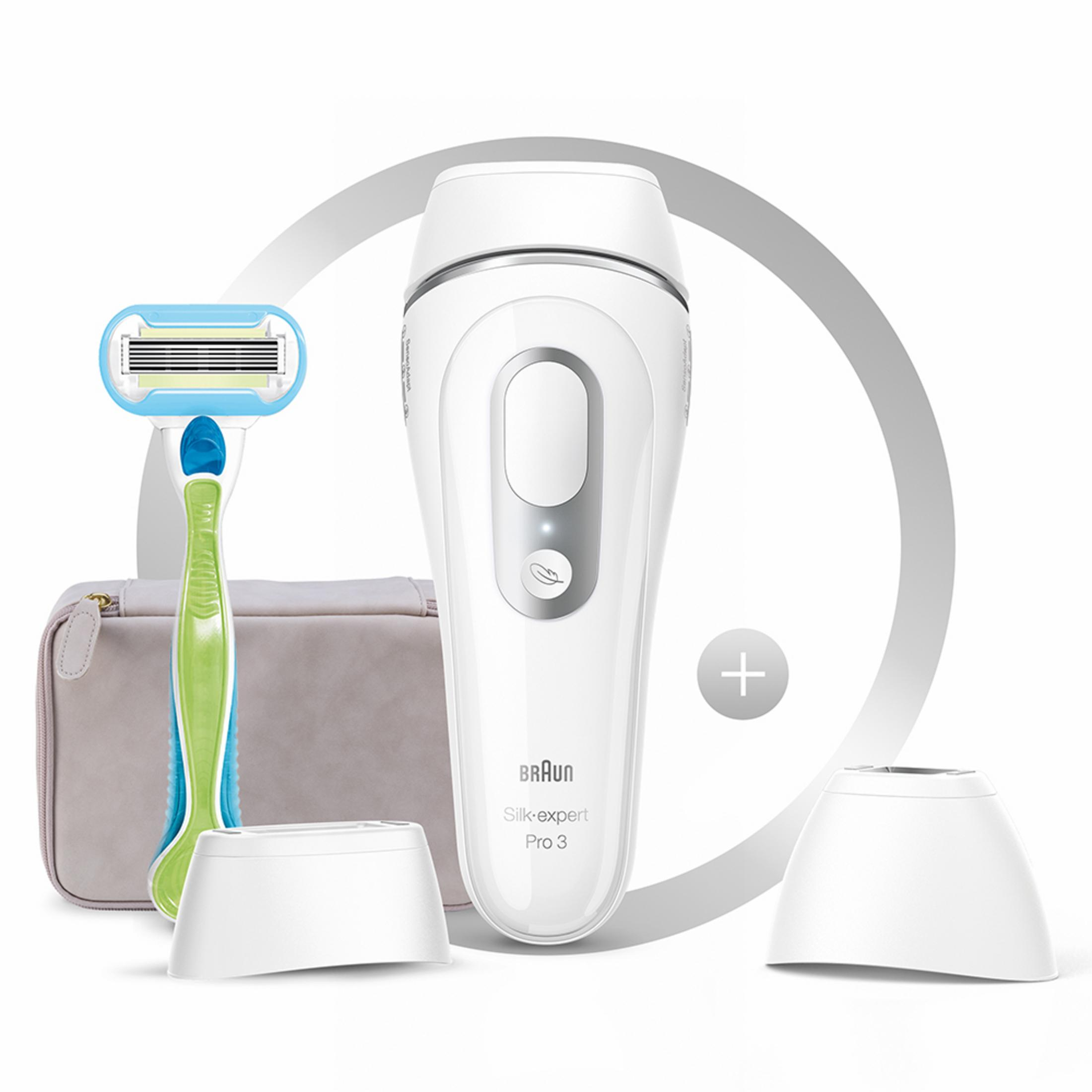 Un epilatore Braun Silk-expert Pro 3 bianco con rasoio, pochette e accessori.