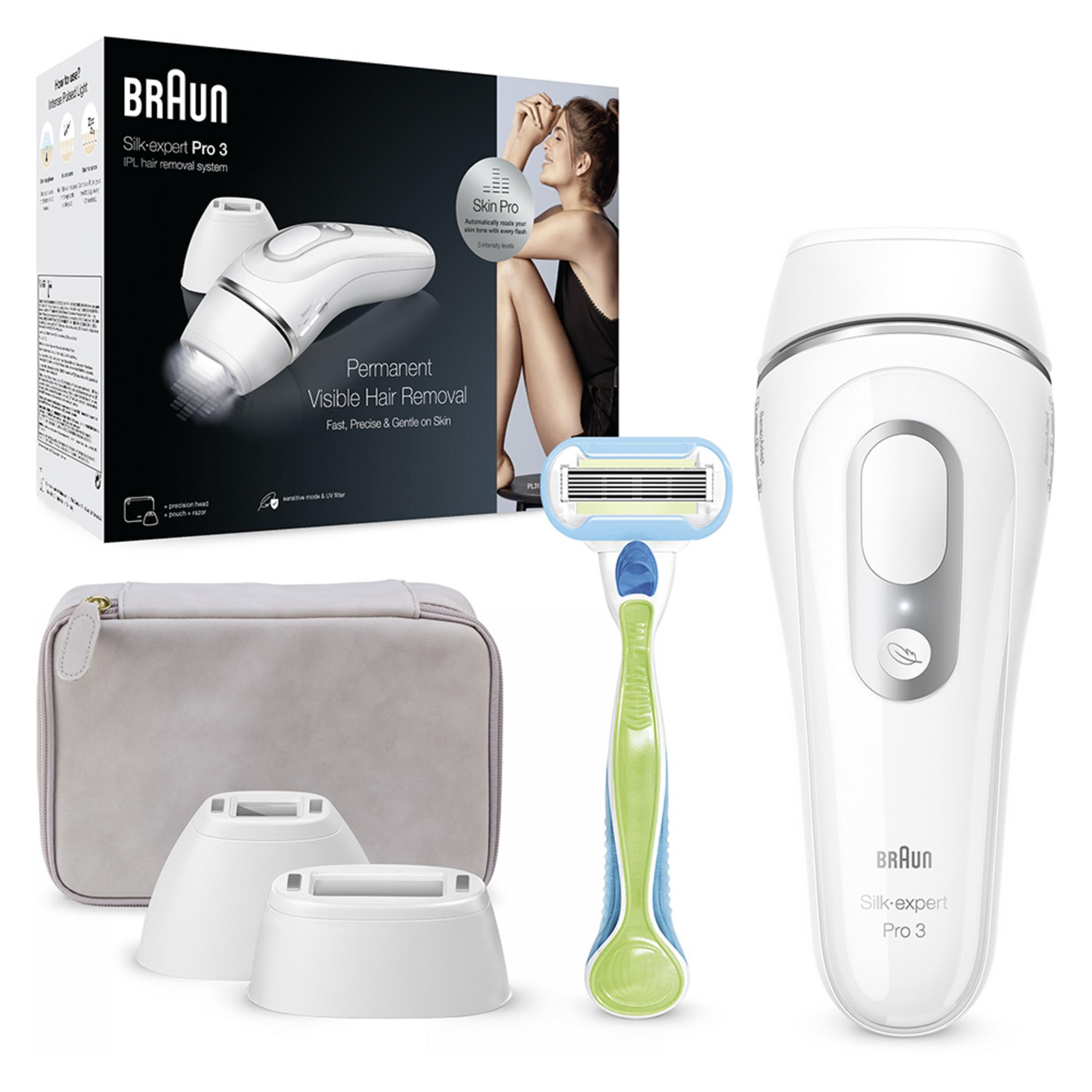 Epilatore Braun Silk-expert Pro 3 IPL, rasoio, pochette e accessori.