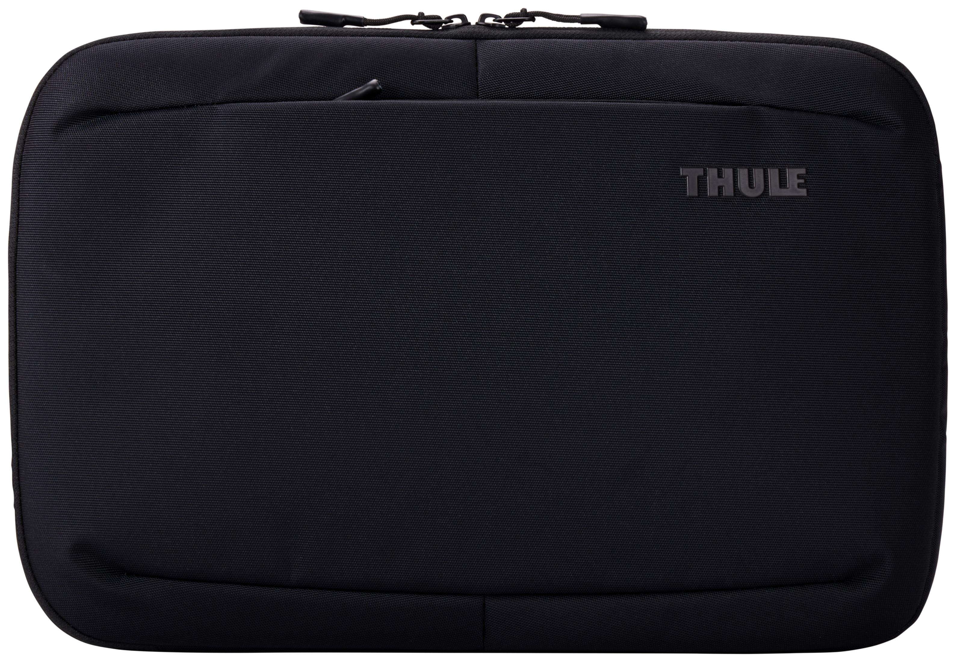 Borsa nera per laptop con logo THULE argentato e zip.