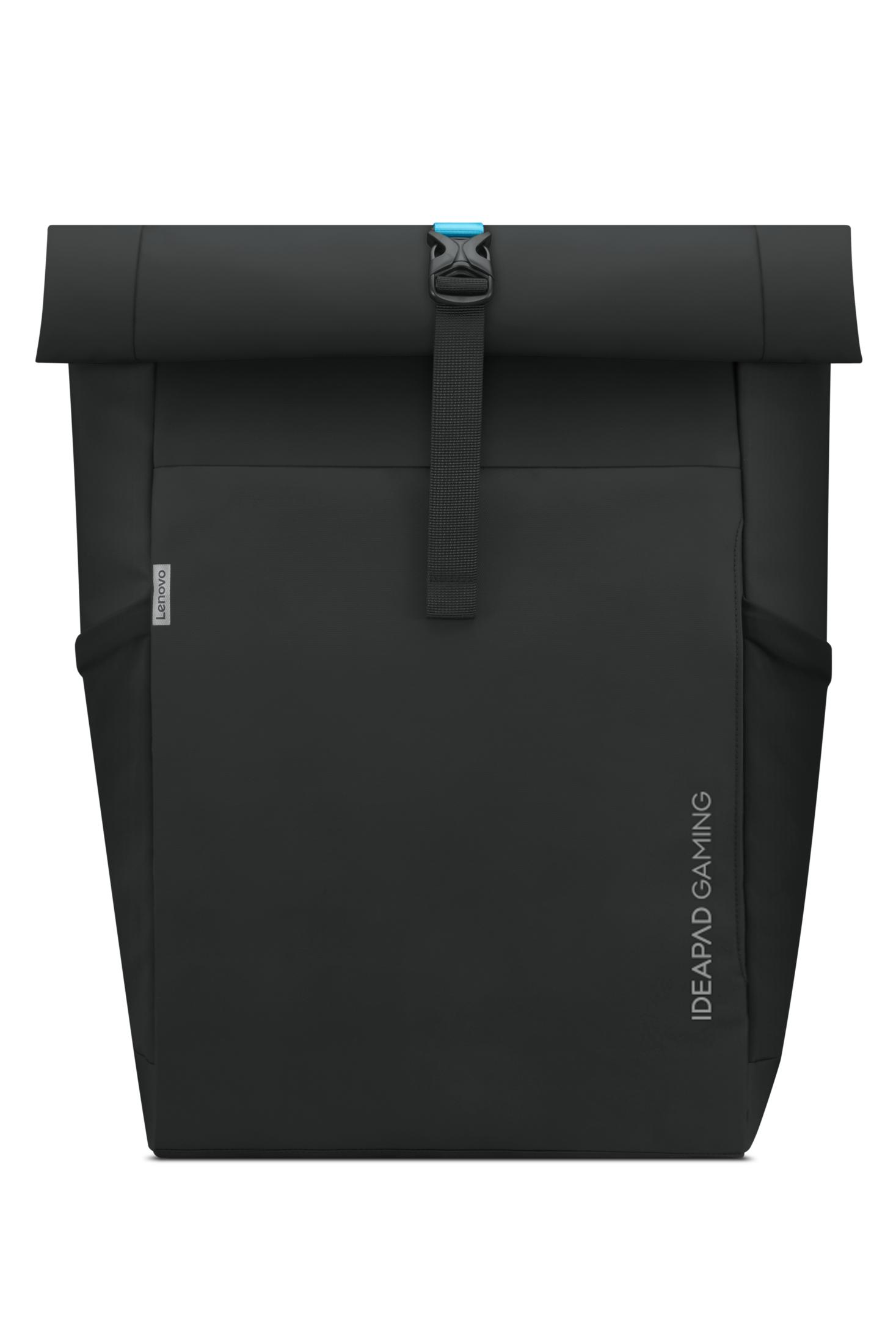 Mochila negra con hebilla azul y texto "IDEAPAD GAMING".