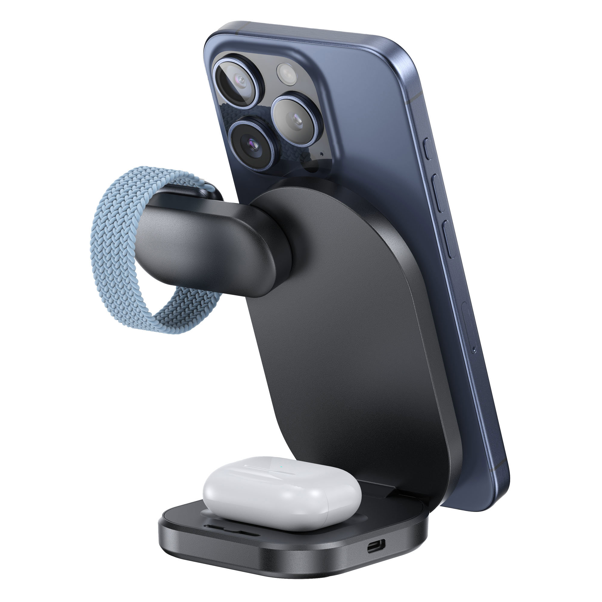 Ein blaues Smartphone steht auf einem schwarzen Ladeständer mit AirPods.
