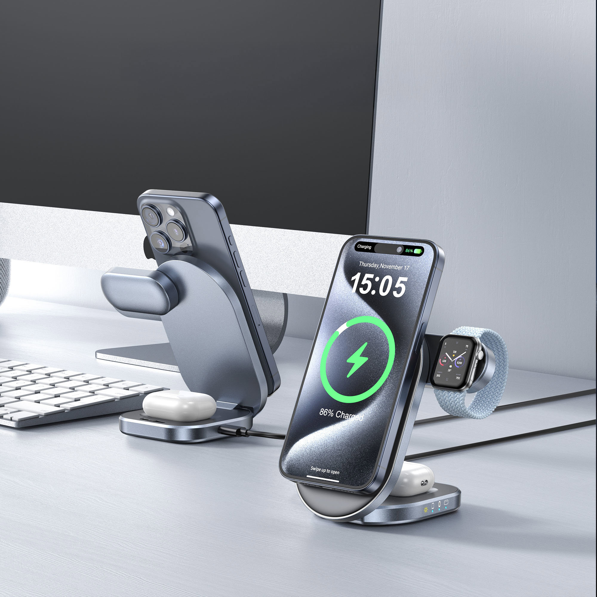 Ein Schreibtisch mit Ladestationen für iPhone, Apple Watch und AirPods.