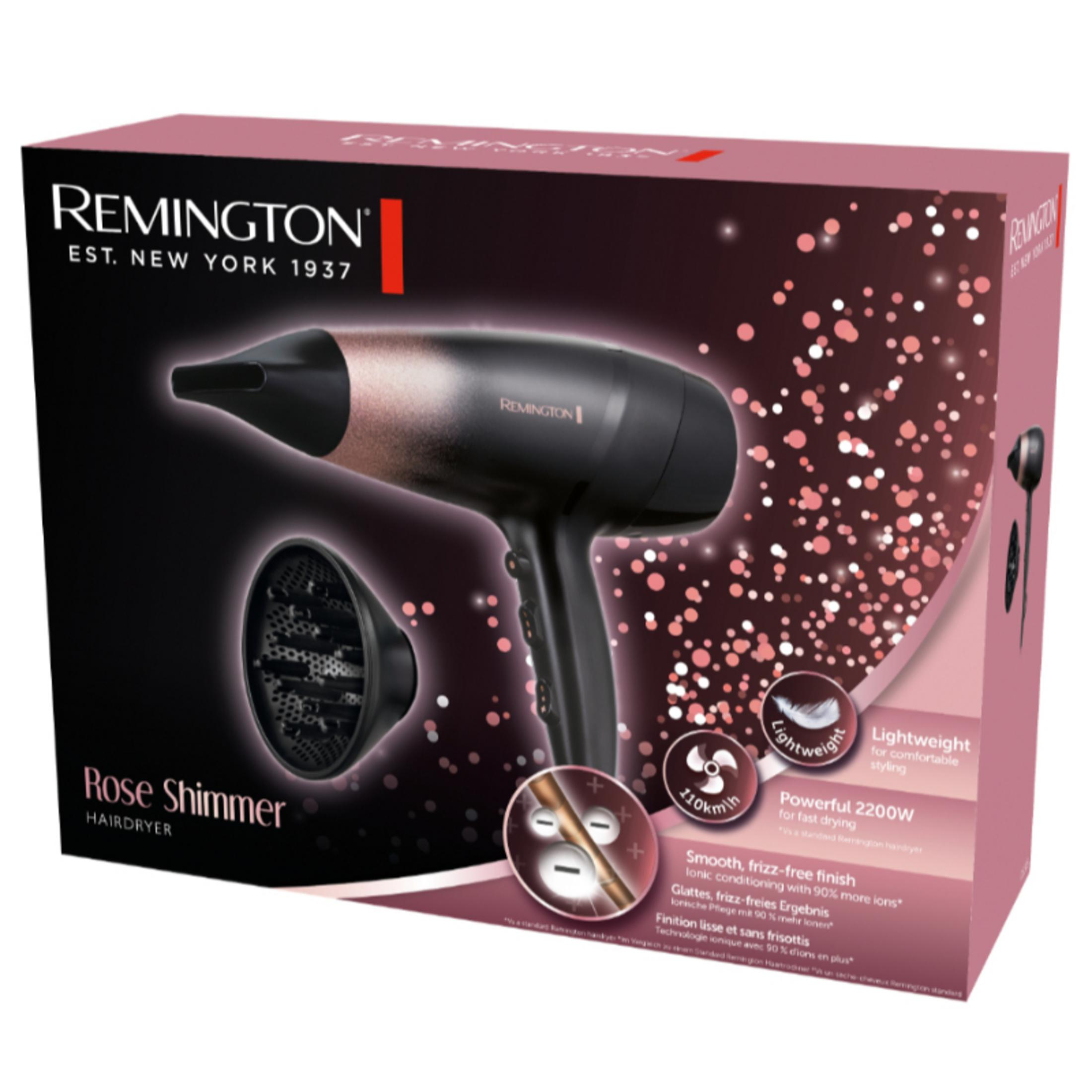 Remington Rose Shimmer suszarka do włosów na ciemnym tle z brokatem.