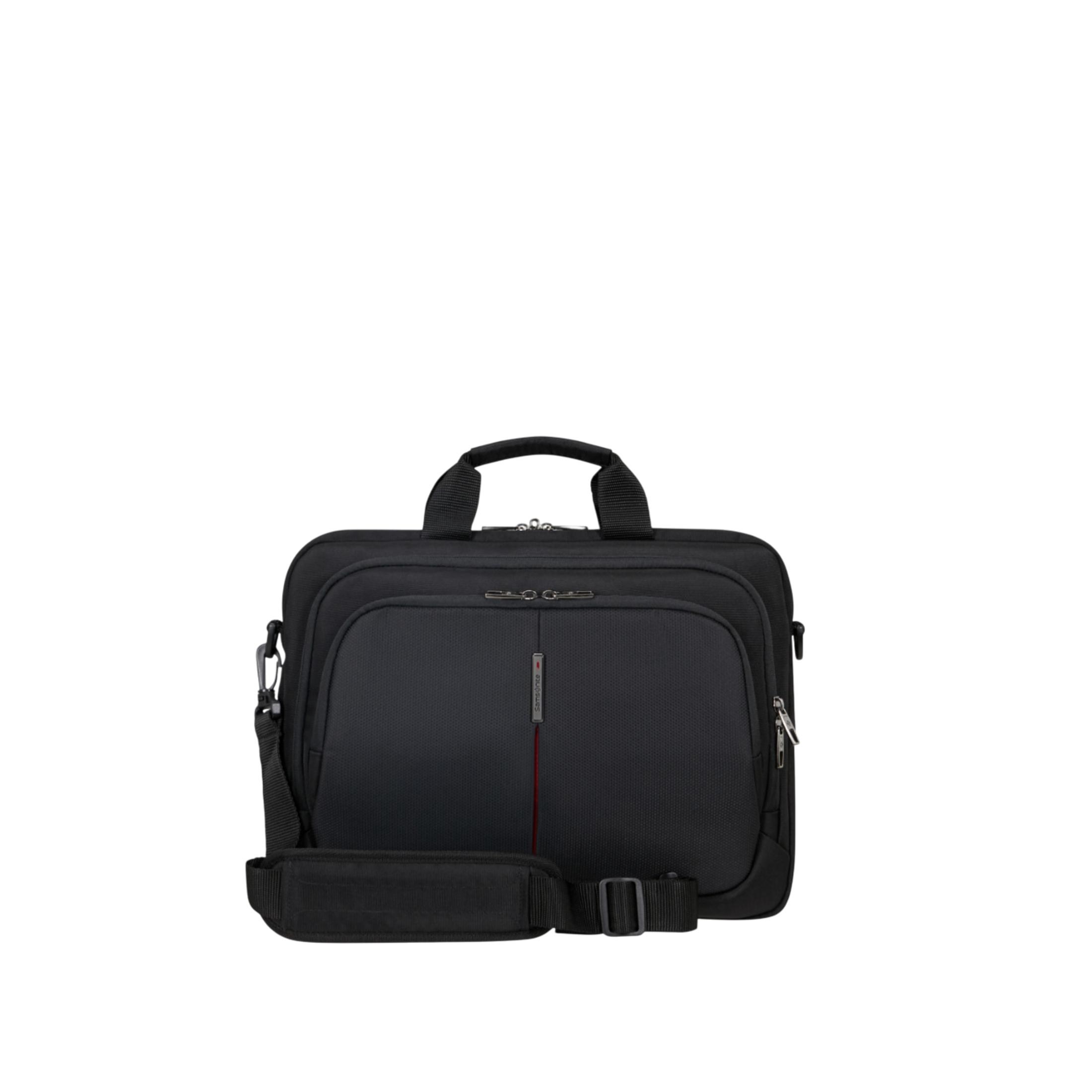 Schwarze Laptoptasche mit Henkel, Schultergurt und roten Akzenten.