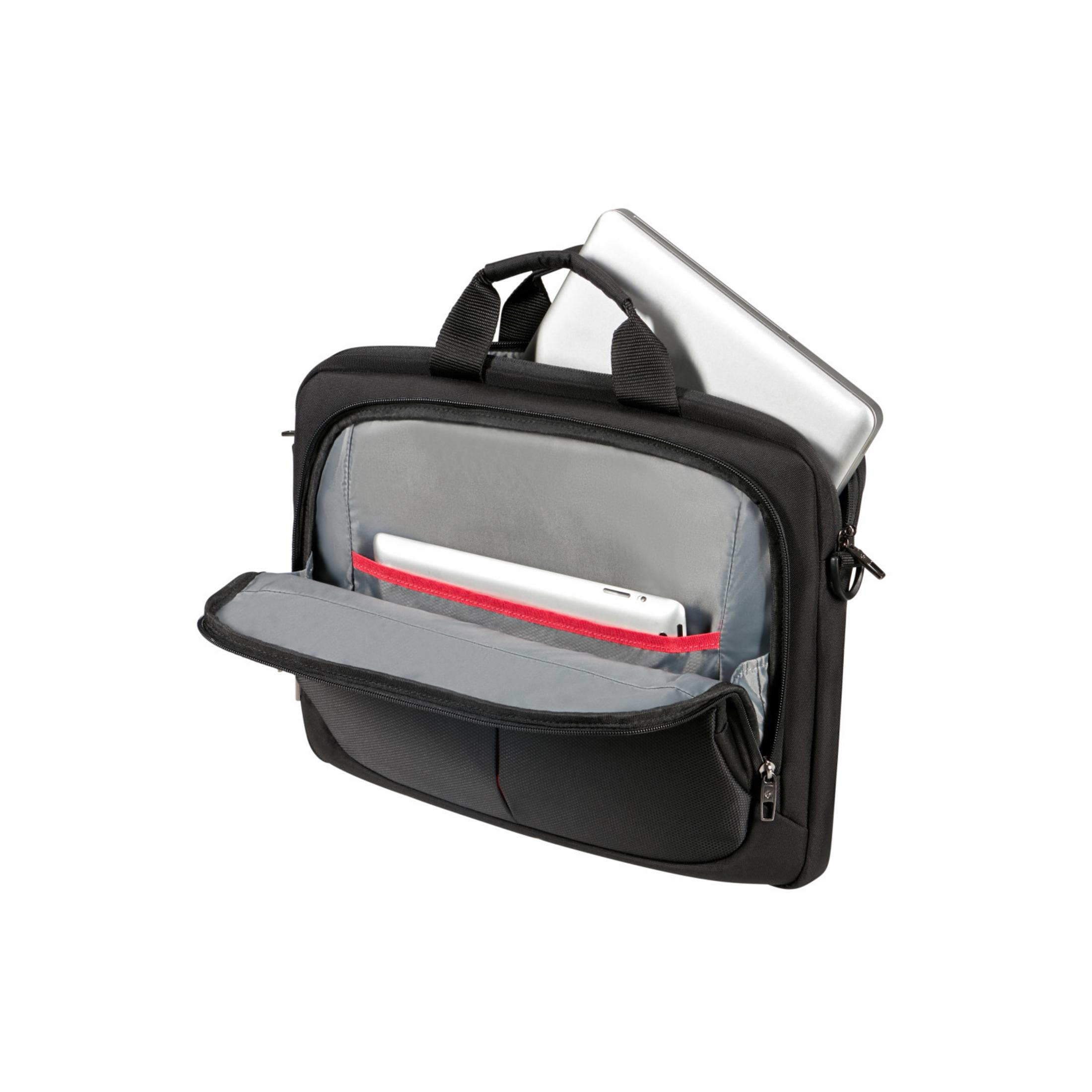 Schwarze Laptoptasche mit offenem Fach, Laptop und Tablet darin.