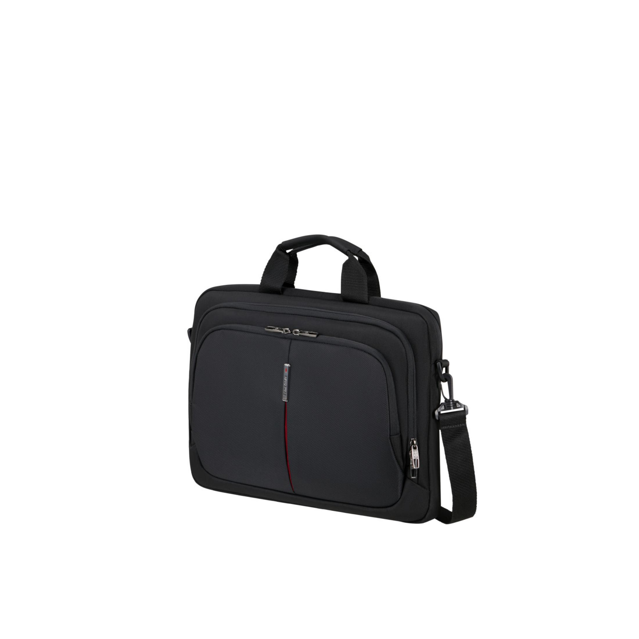 Schwarze Laptoptasche mit Tragegriff und Schultergurt.