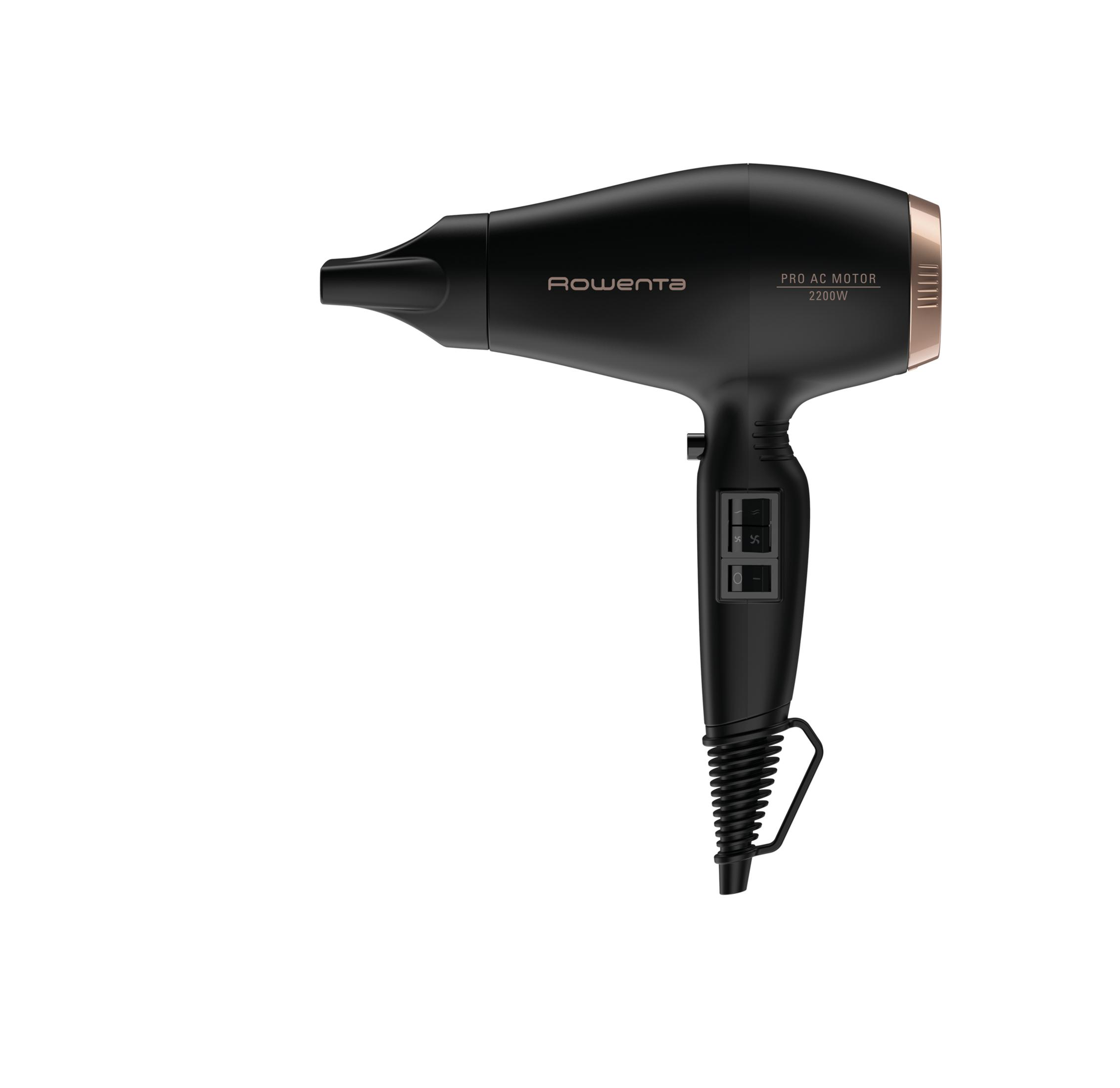 Czarna suszarka Rowenta ze złotymi akcentami i kontrolkami. Silnik Pro AC.