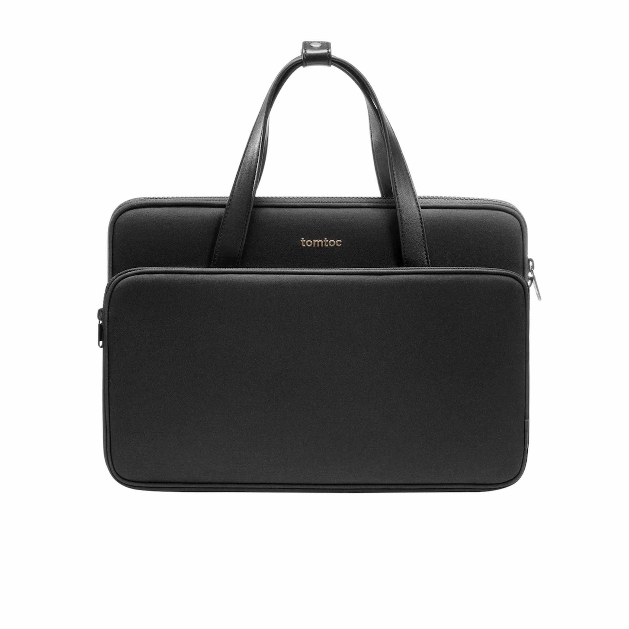 Borsa nera per laptop con due manici e chiusura a zip.